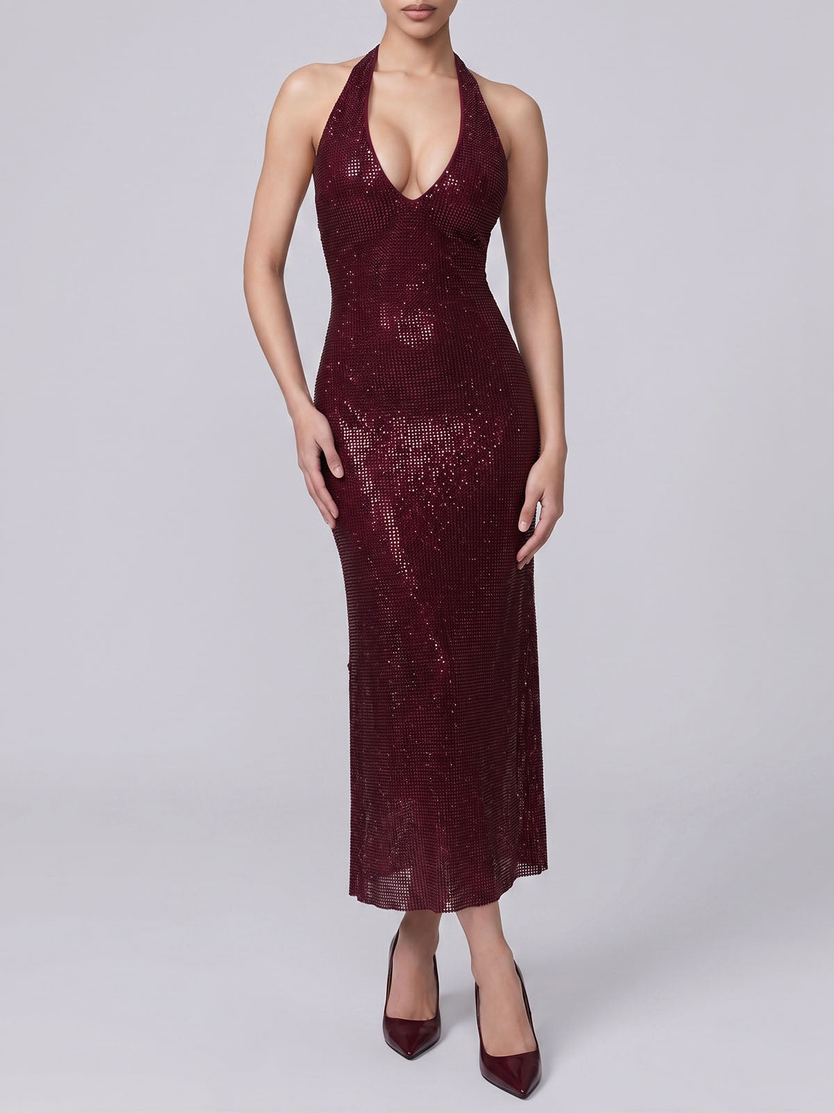 Sexy Plunge Halter Backless Crystal Mesh Midi Dress - Burgundy