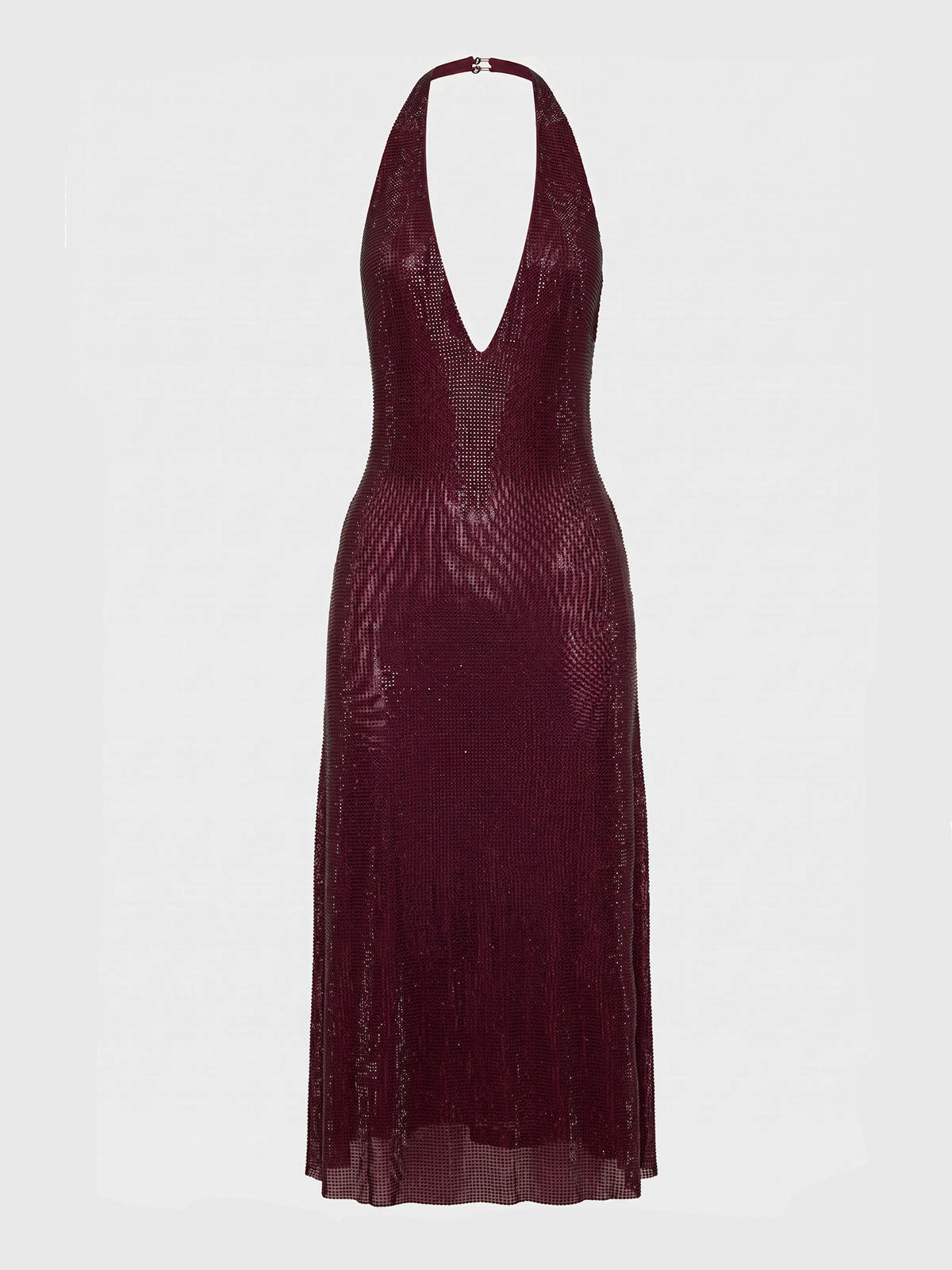 Sexy Plunge Halter Backless Crystal Mesh Midi Dress - Burgundy