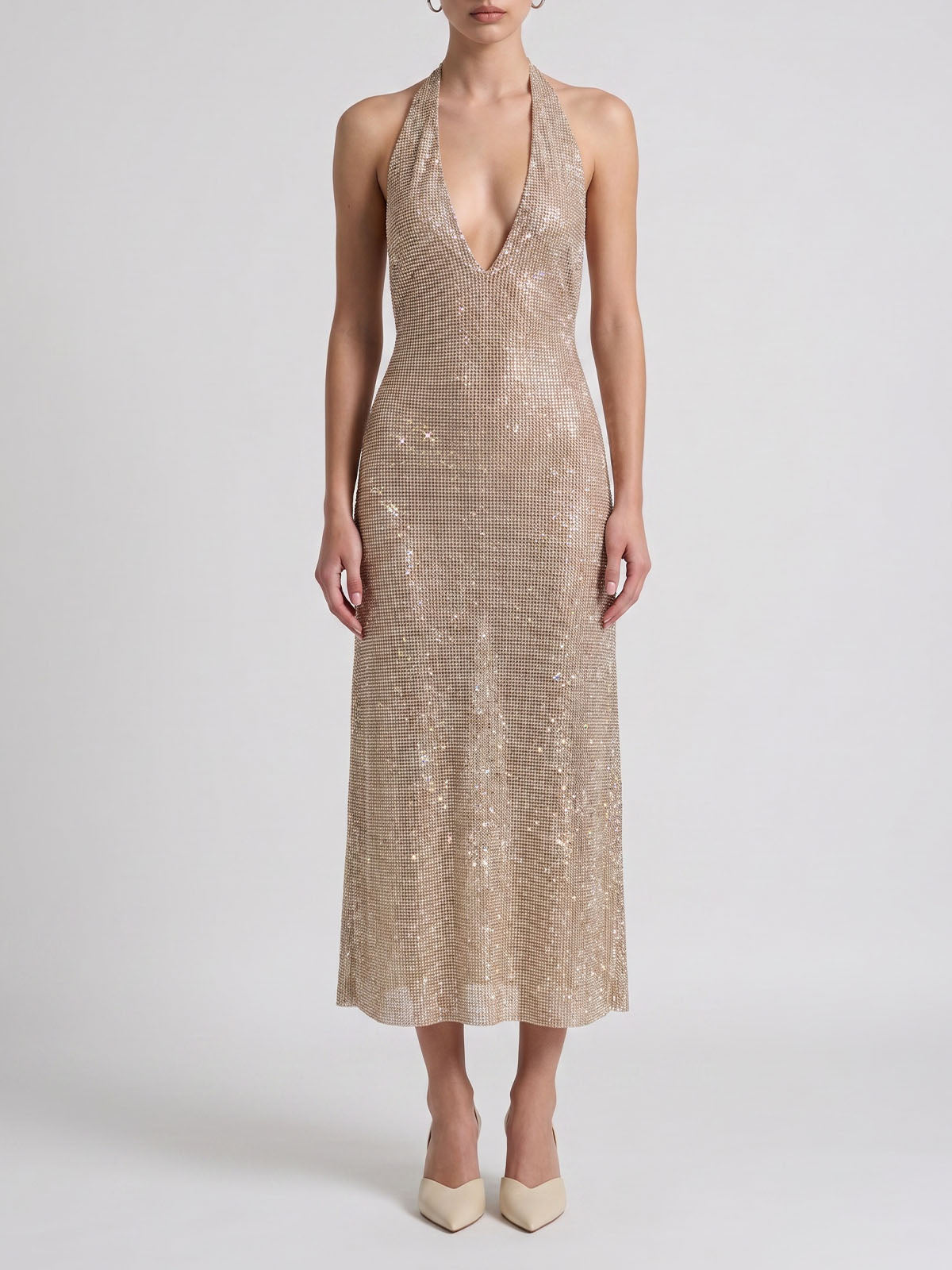 Sexy Plunge Halter Backless Crystal Mesh Midi Dress - Champagne