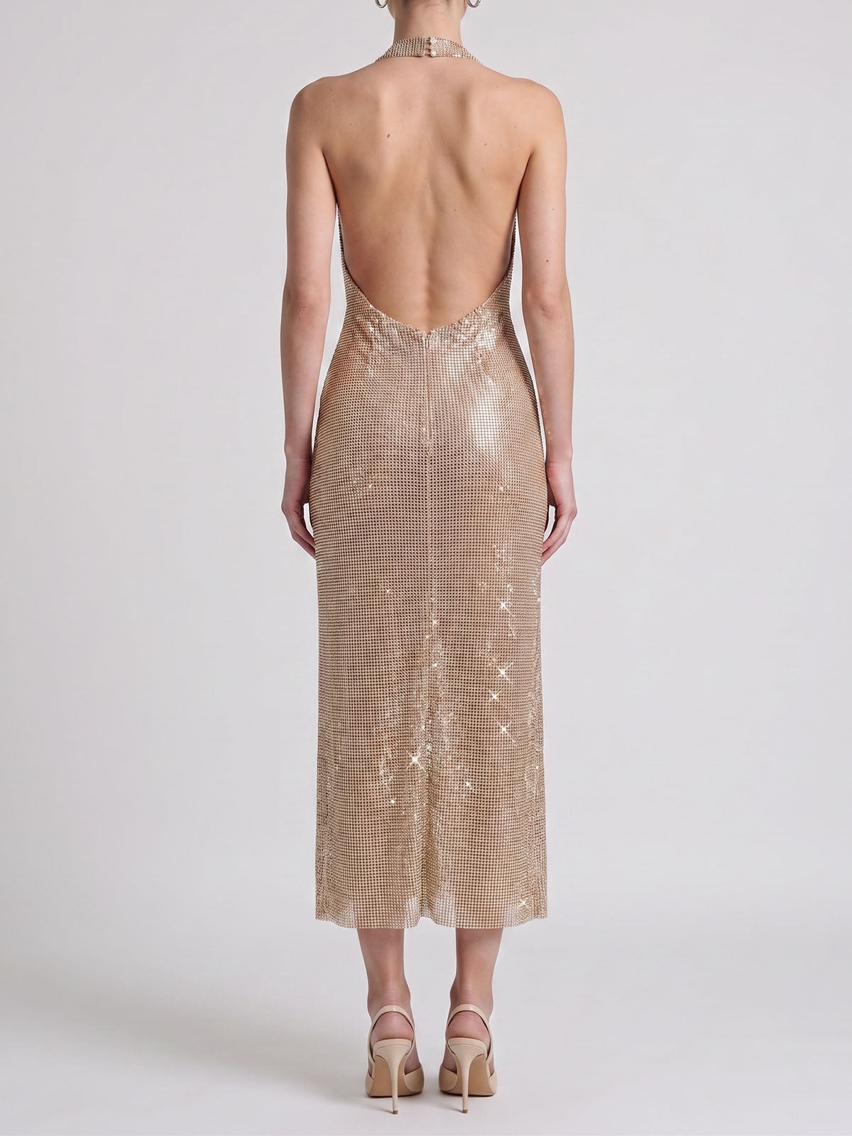 Sexy Plunge Halter Backless Crystal Mesh Midi Dress - Champagne