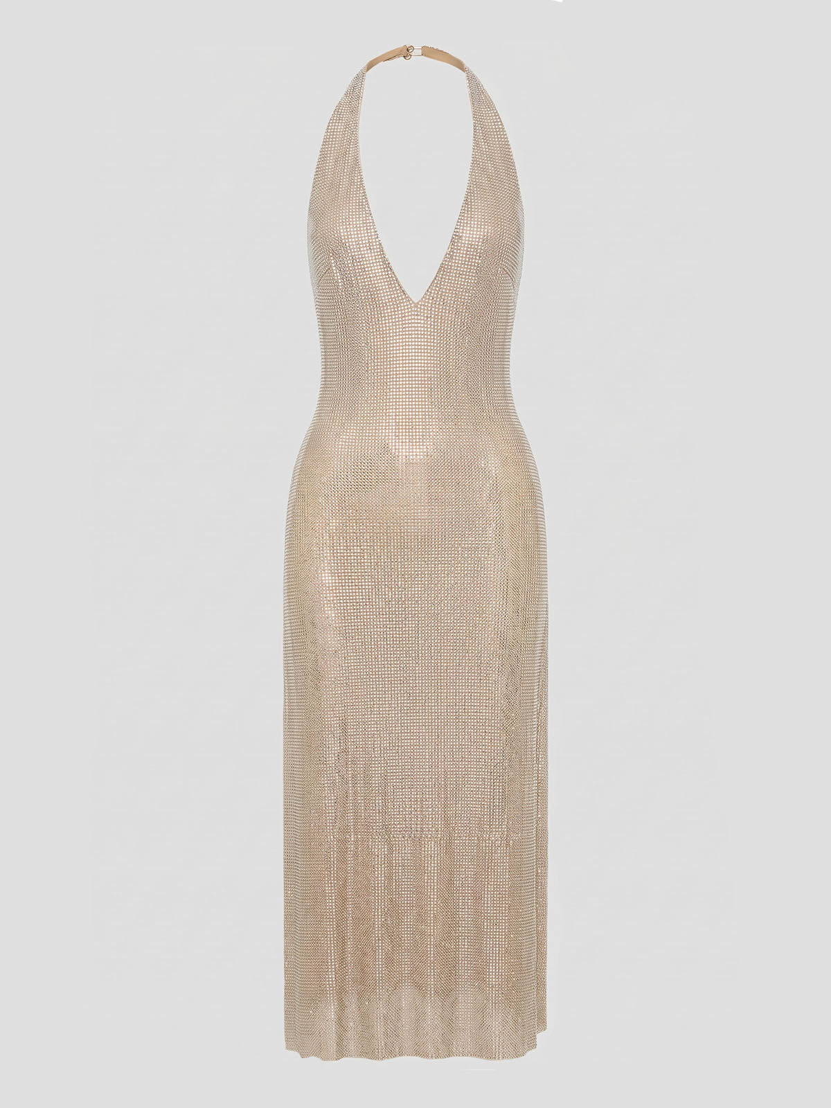 Sexy Plunge Halter Backless Crystal Mesh Midi Dress - Champagne