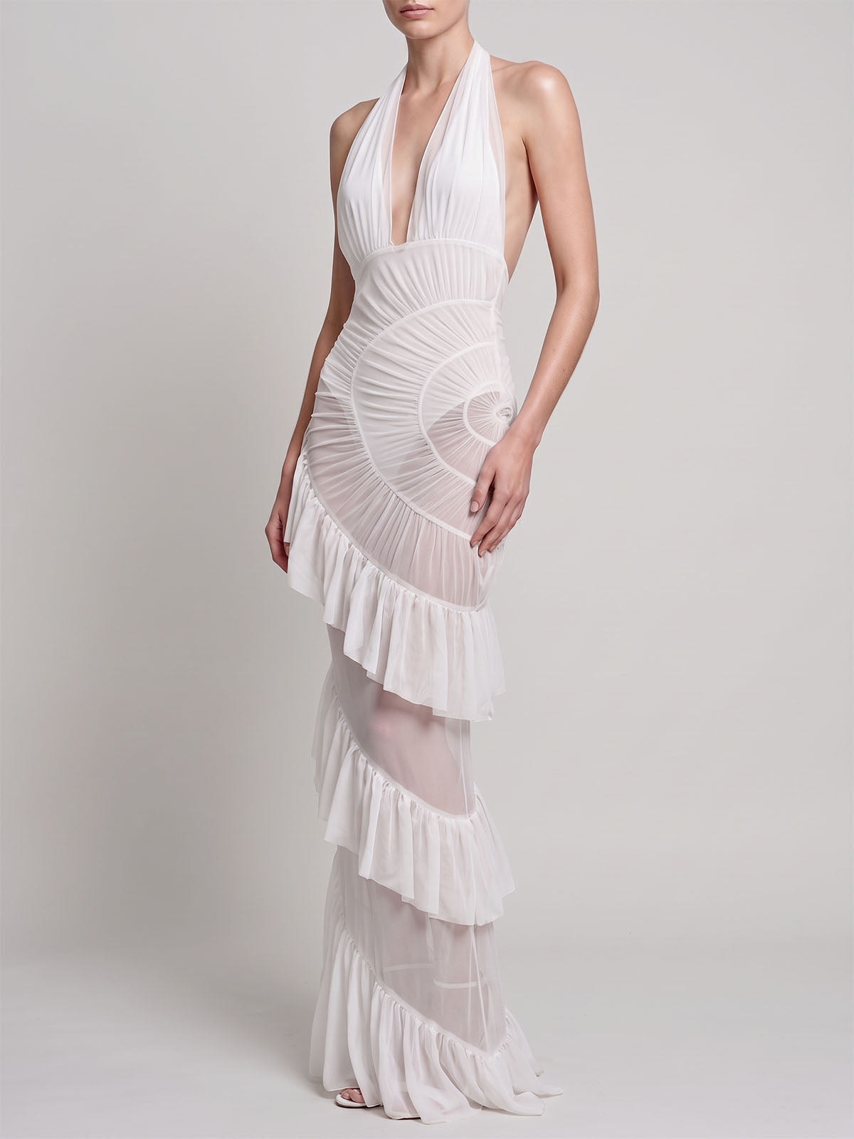 Sexy Plunge Halter Backless Ruched Mesh Ruffle Maxi Dress - White