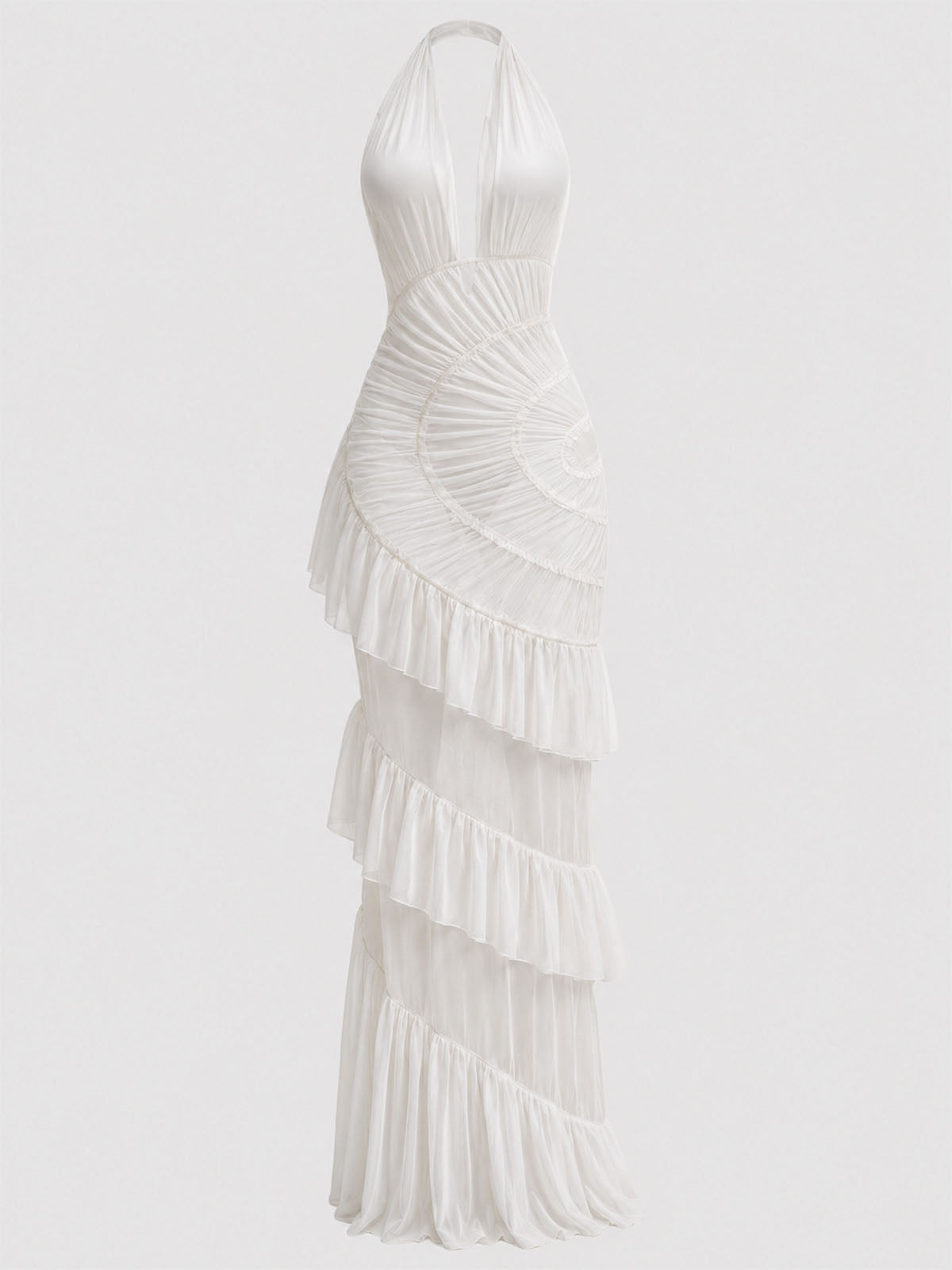 Sexy Plunge Halter Backless Ruched Mesh Ruffle Maxi Dress - White