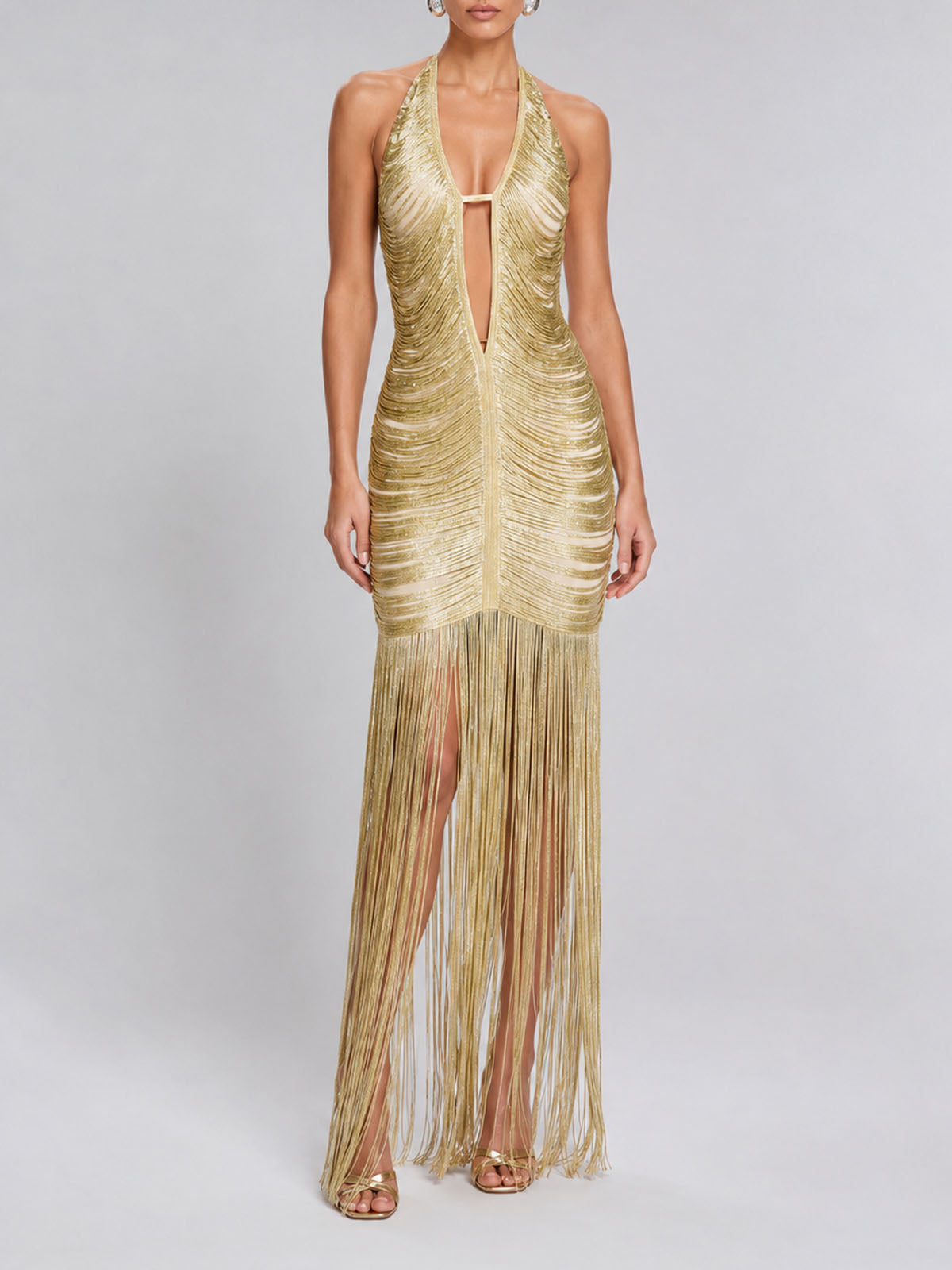 Sexy Plunge Halter Cutout Bodycon Fringe Formal Maxi Dress - Gold