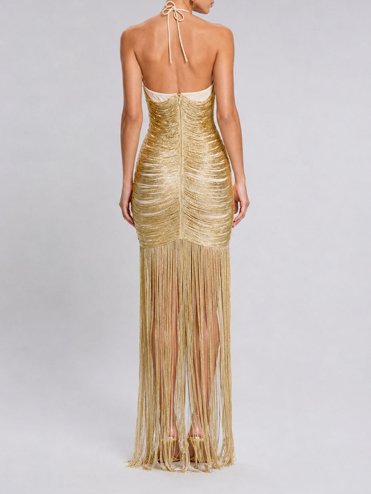 Sexy Plunge Halter Cutout Bodycon Fringe Formal Maxi Dress - Gold