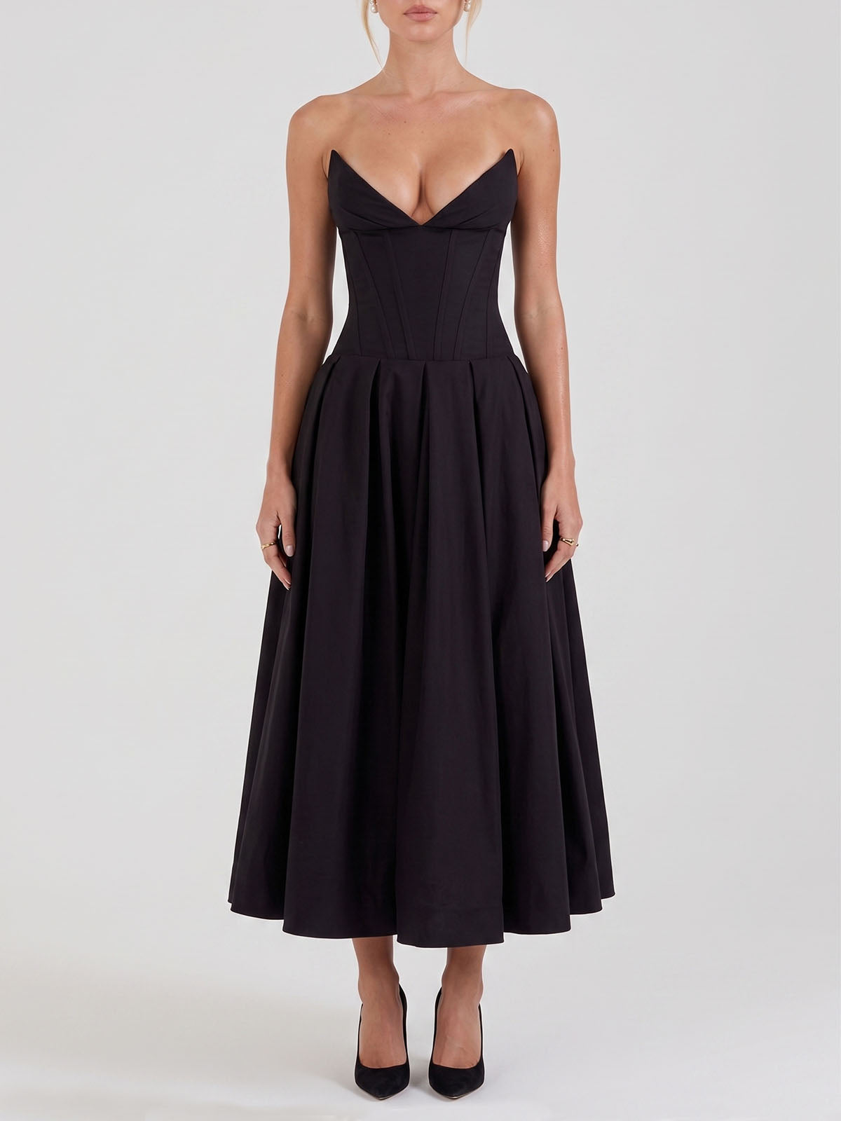 Sexy Plunge Sweetheart Strapless Corset Cocktail Midi Dress - Black