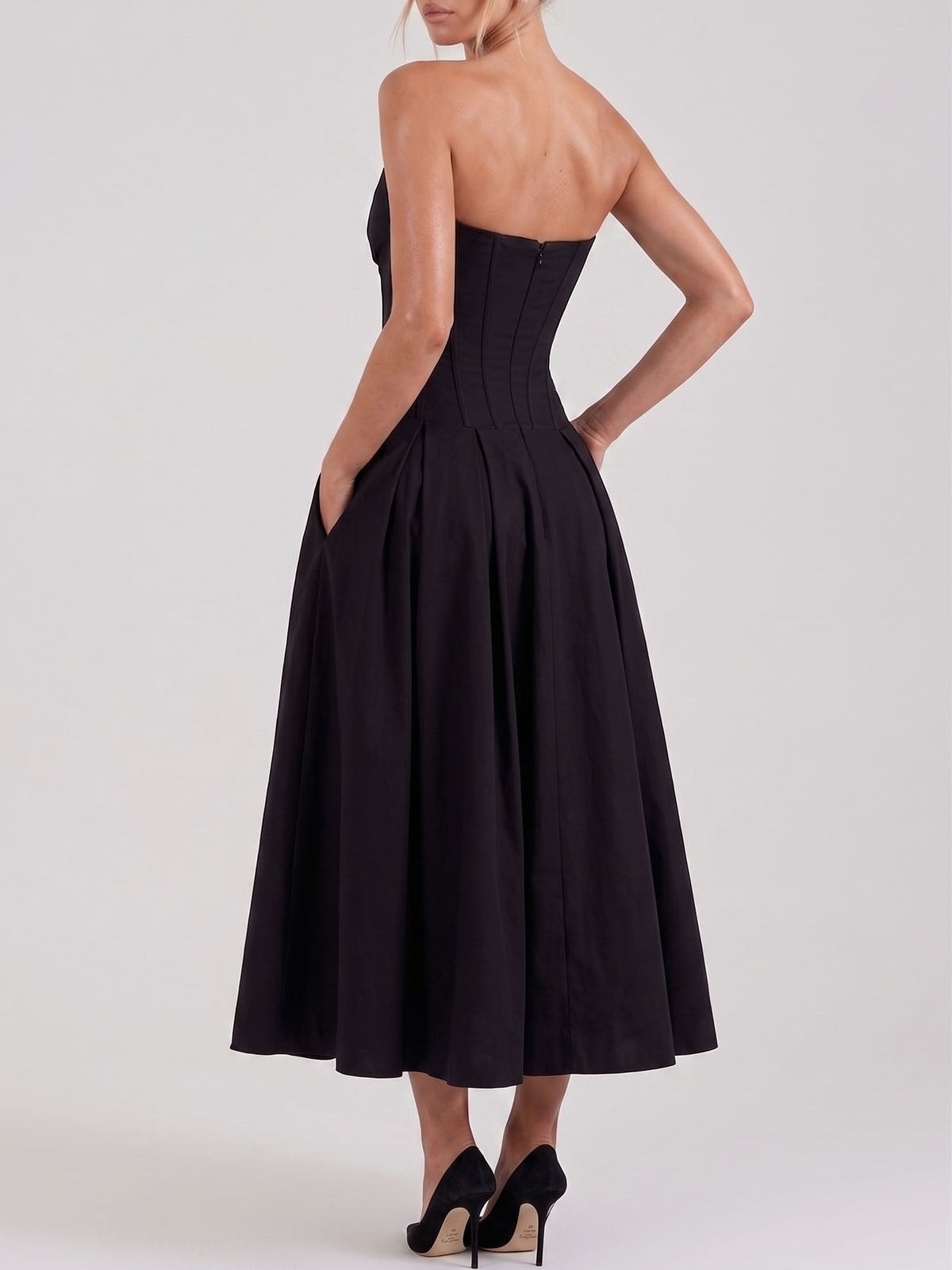 Sexy Plunge Sweetheart Strapless Corset Cocktail Midi Dress - Black