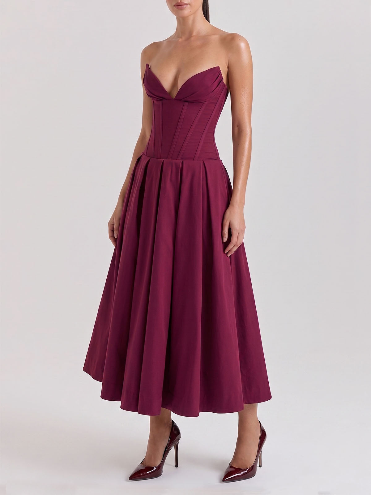 Sexy Plunge Sweetheart Strapless Corset Cocktail Midi Dress - Burgundy