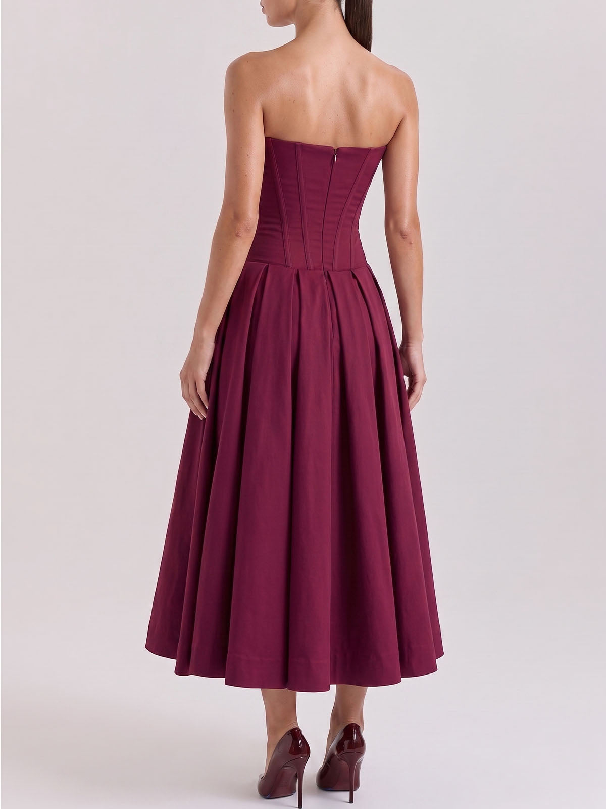 Sexy Plunge Sweetheart Strapless Corset Cocktail Midi Dress - Burgundy