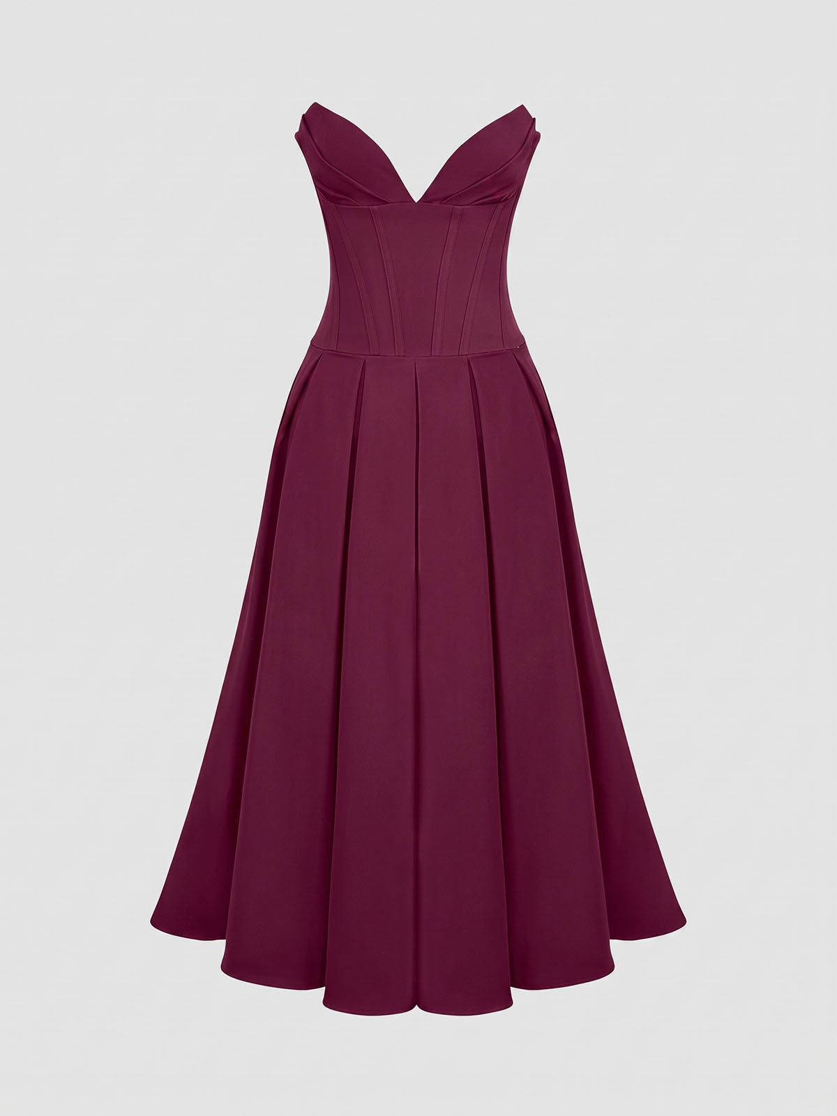 Sexy Plunge Sweetheart Strapless Corset Cocktail Midi Dress - Burgundy