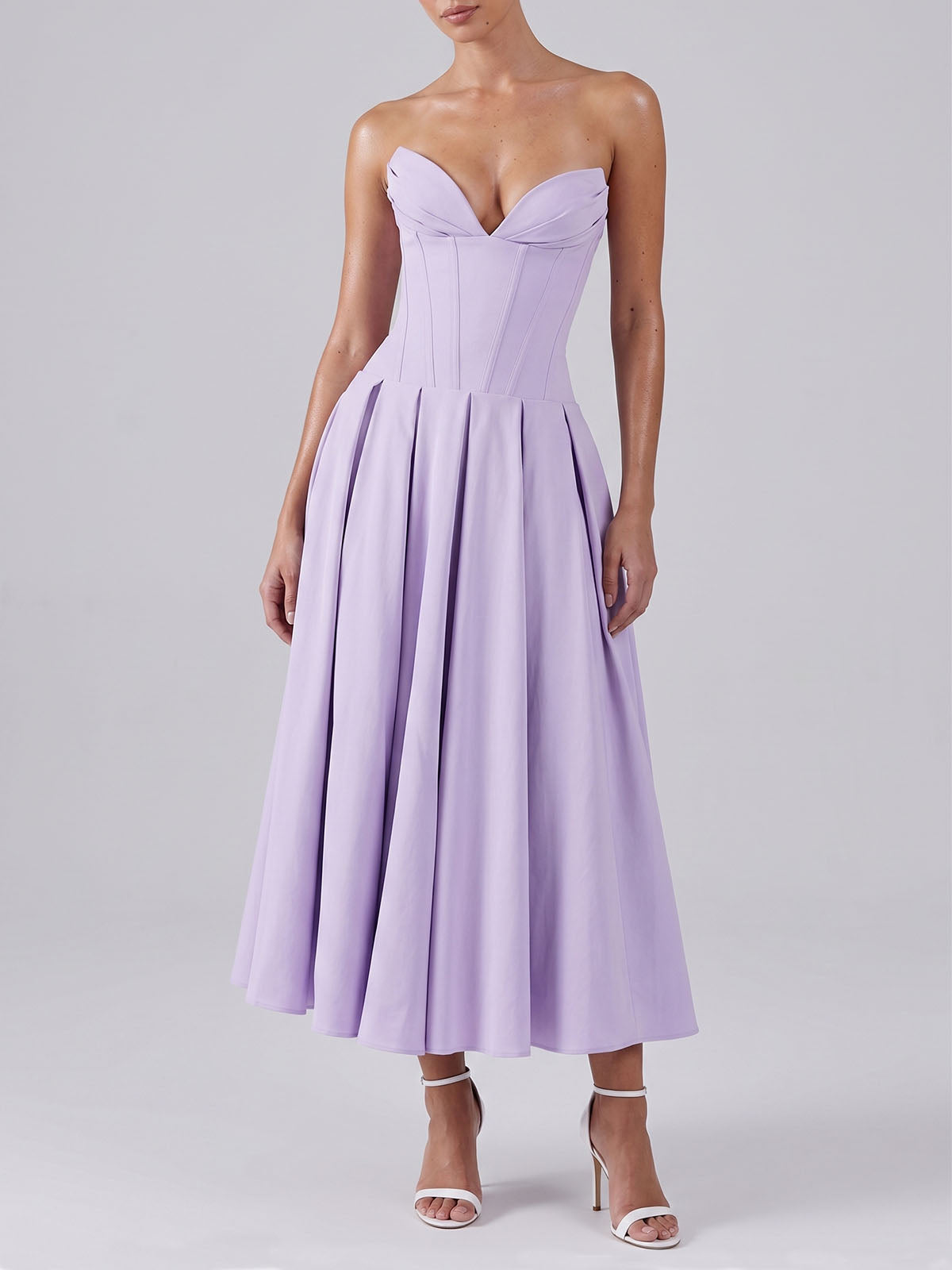 Sexy Plunge Sweetheart Strapless Corset Cocktail Midi Dress - Lavender