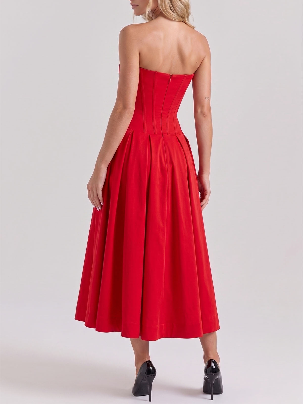 Sexy Plunge Sweetheart Strapless Corset Cocktail Midi Dress - Red