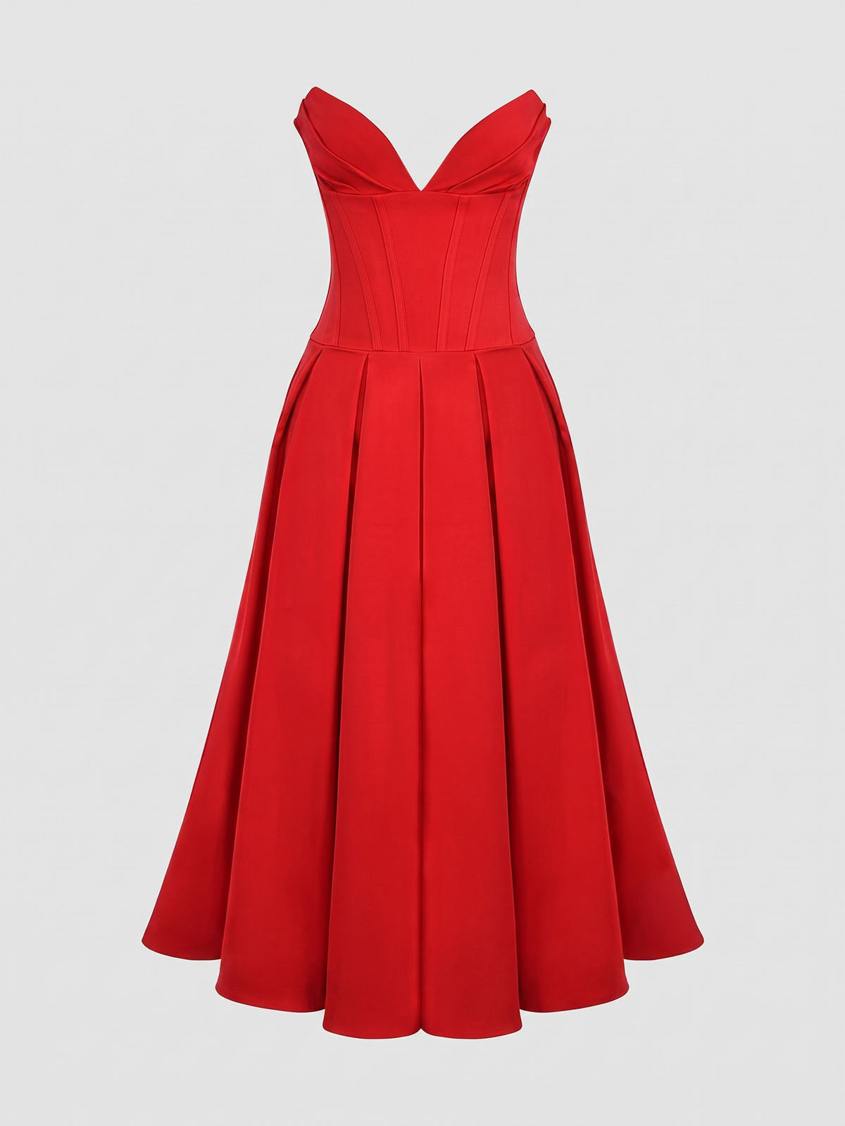 Sexy Plunge Sweetheart Strapless Corset Cocktail Midi Dress - Red