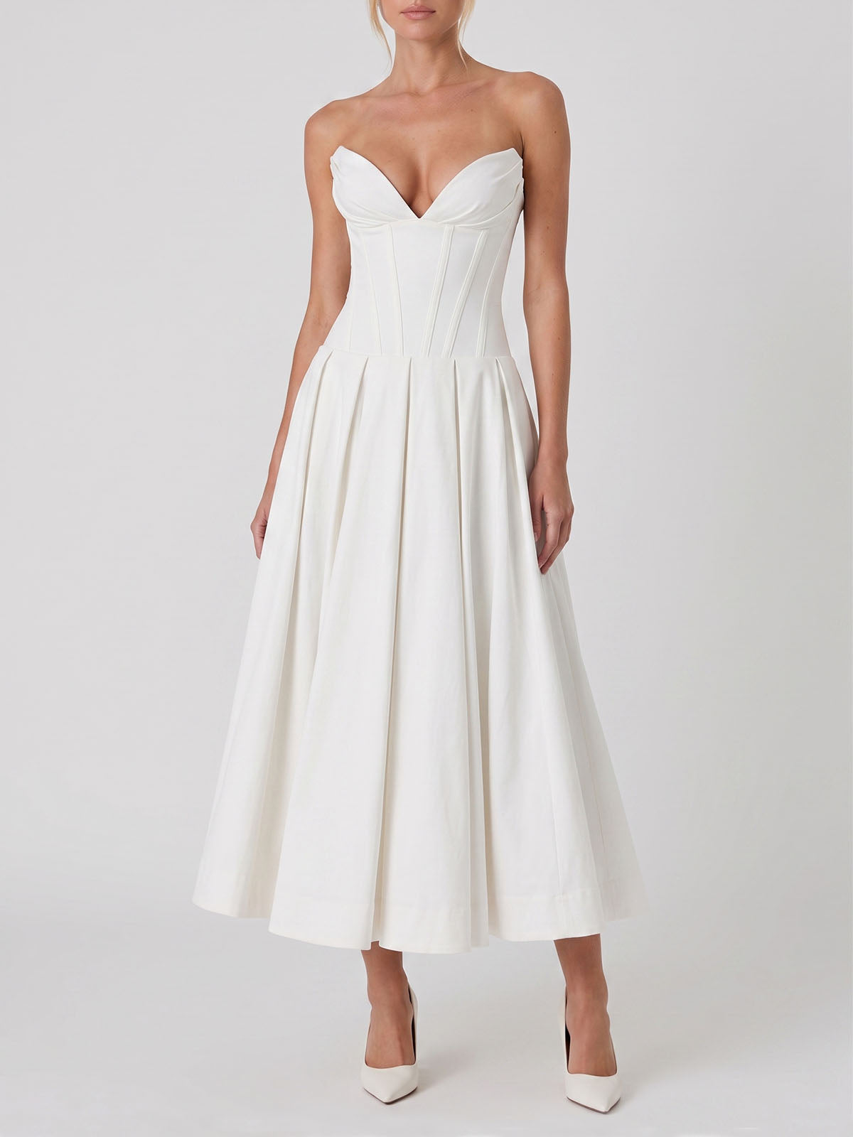 Sexy Plunge Sweetheart Strapless Corset Cocktail Midi Dress - White