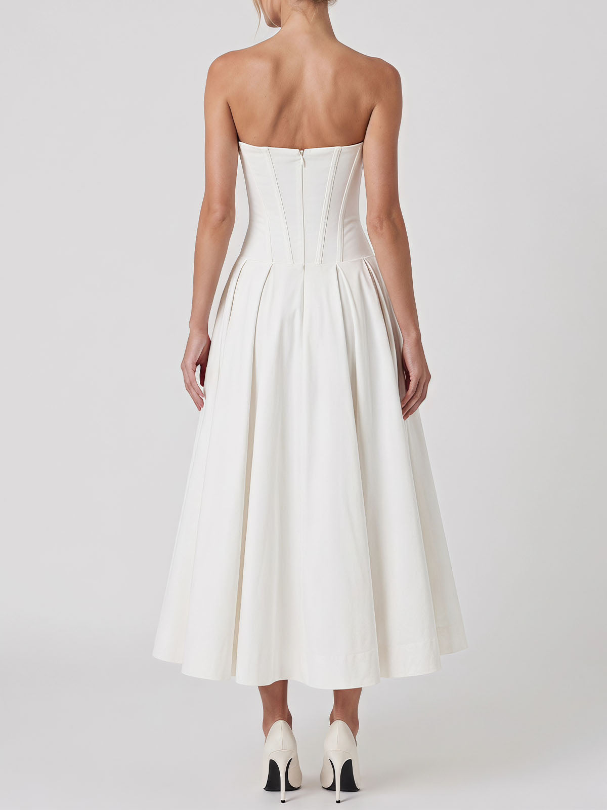 Sexy Plunge Sweetheart Strapless Corset Cocktail Midi Dress - White