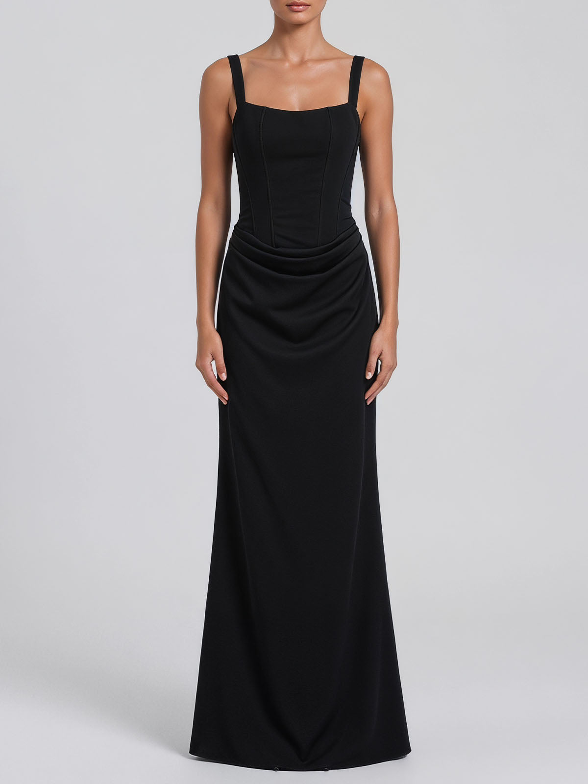 Sexy Square Neck Lace Up Bodycon Draped Corset Maxi Dress - Black