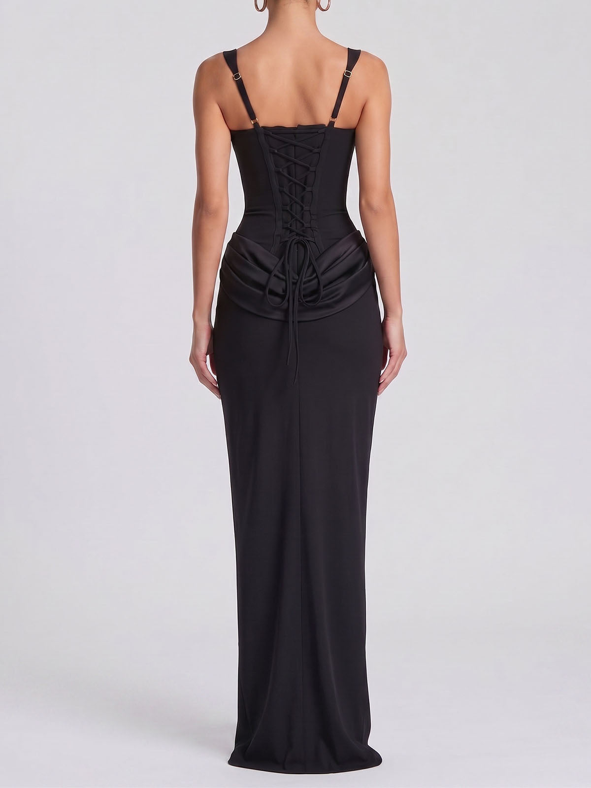 Sexy Square Neck Lace Up Bodycon Draped Corset Maxi Dress - Black
