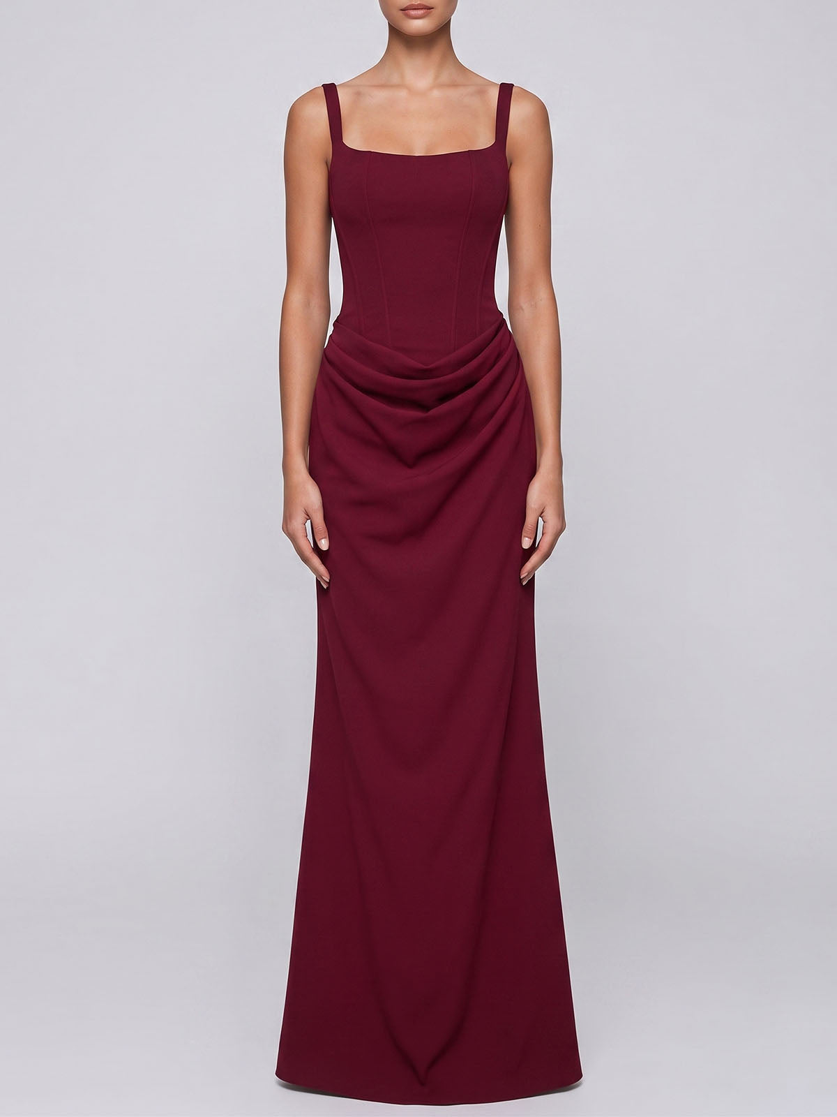 Sexy Square Neck Lace Up Bodycon Draped Corset Maxi Dress - Burgundy