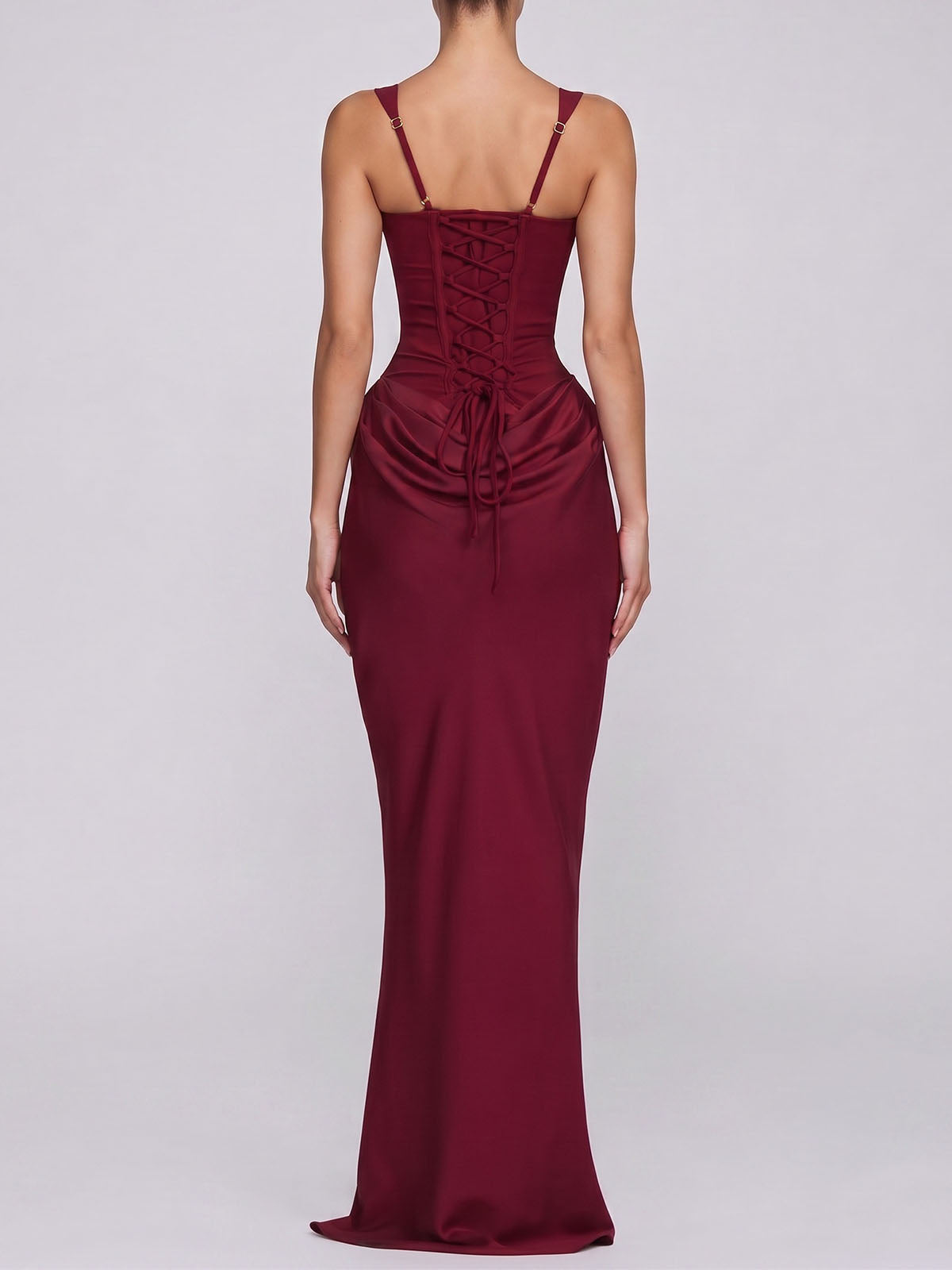 Sexy Square Neck Lace Up Bodycon Draped Corset Maxi Dress - Burgundy