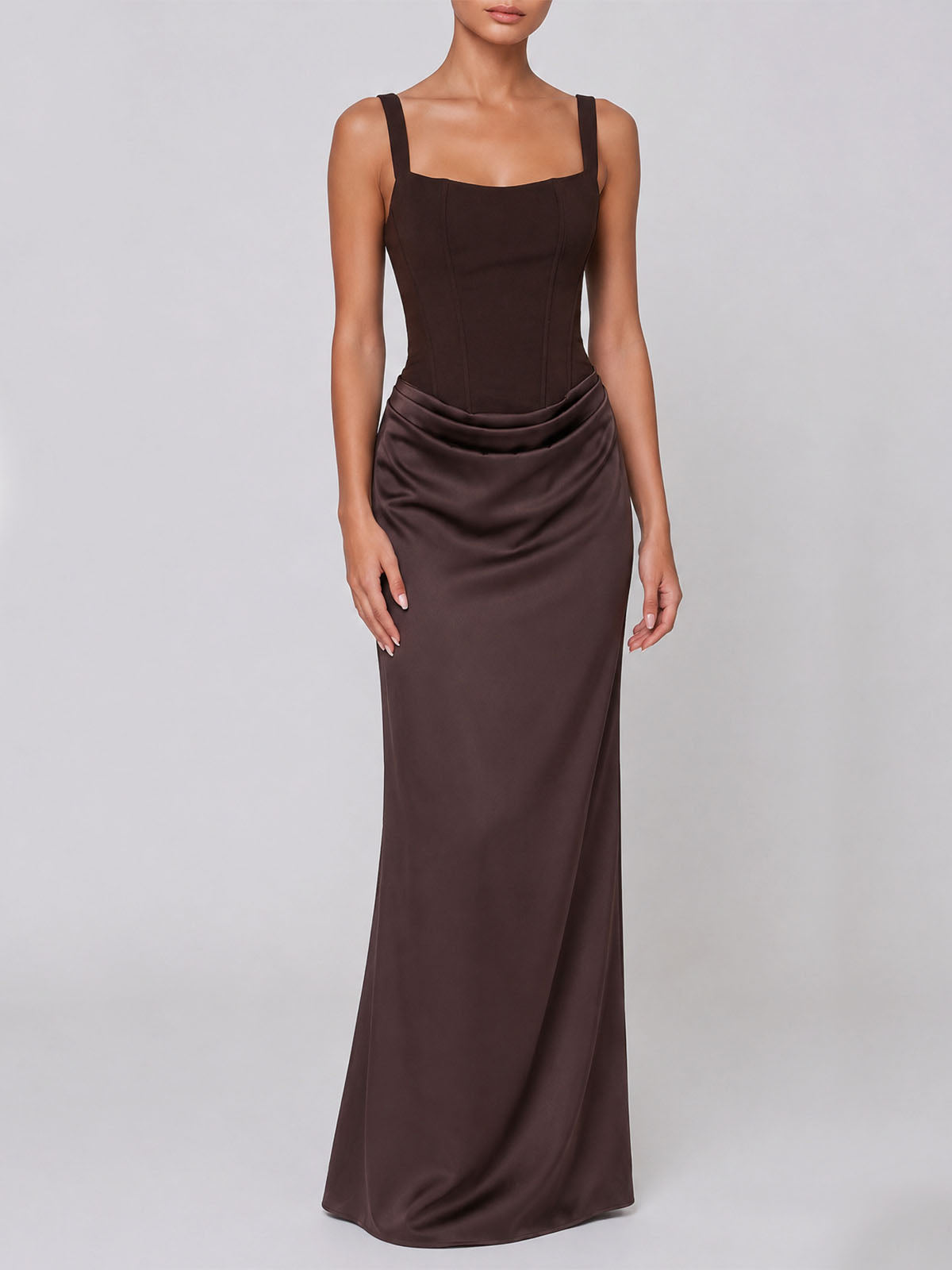 Sexy Square Neck Lace Up Bodycon Draped Corset Maxi Dress - Coffee