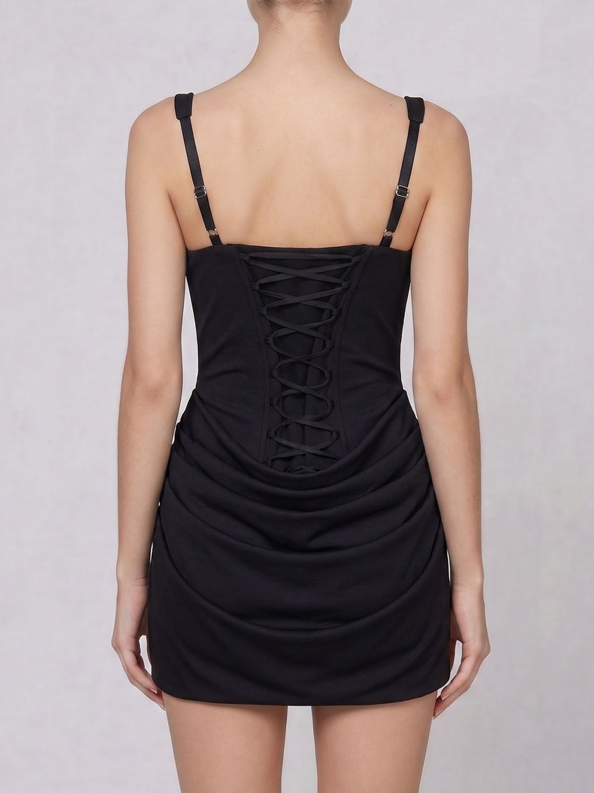 Sexy Square Neck Lace Up Bodycon Draped Corset Mini Dress - Black