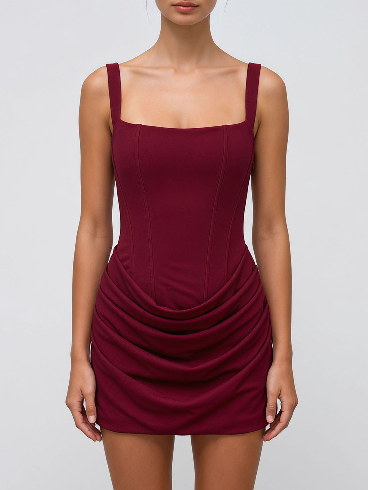 Sexy Square Neck Lace Up Bodycon Draped Corset Mini Dress - Burgundy