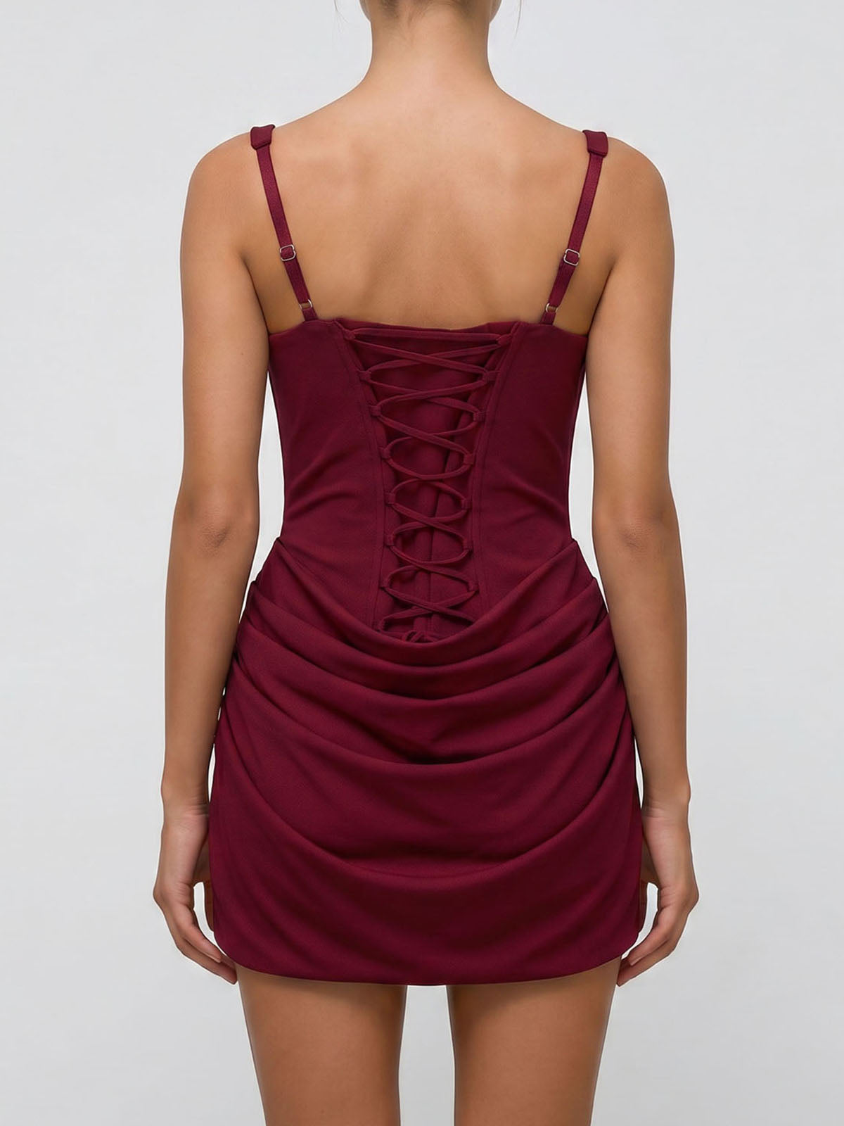 Sexy Square Neck Lace Up Bodycon Draped Corset Mini Dress - Burgundy