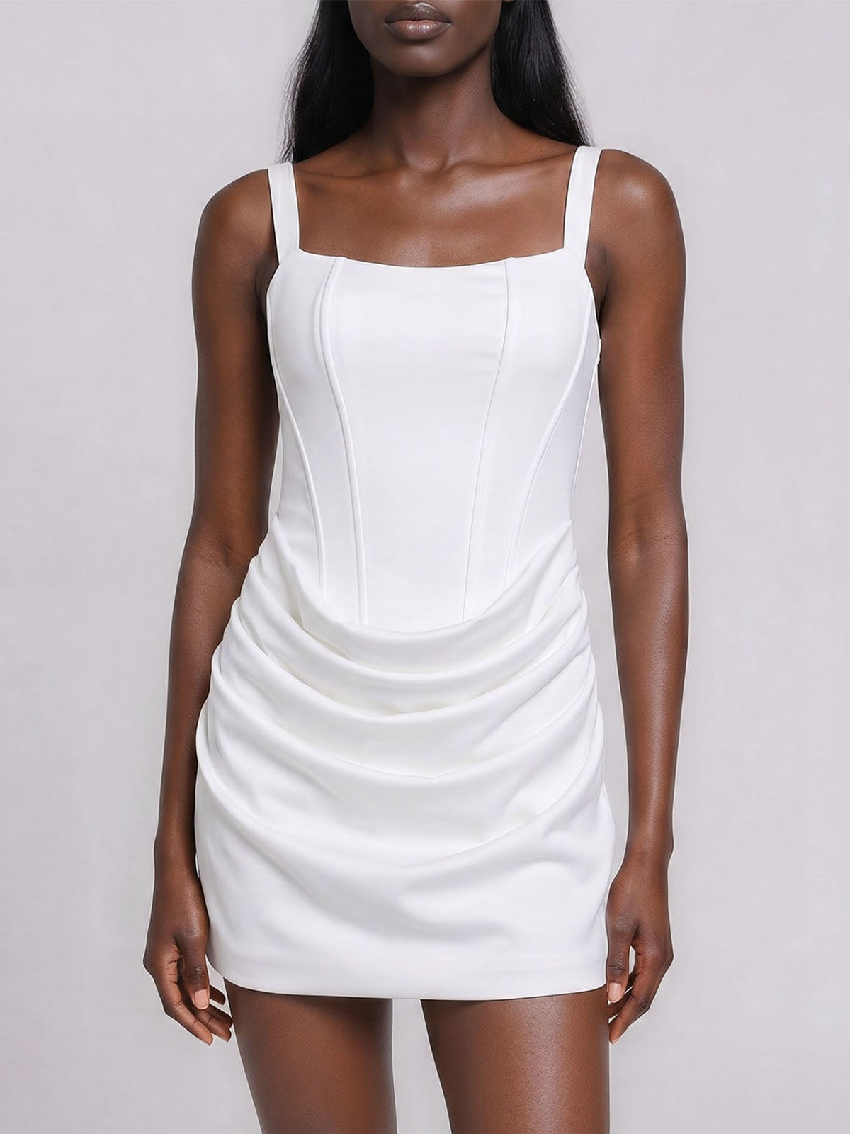 Sexy Square Neck Lace Up Bodycon Draped Corset Mini Dress - White