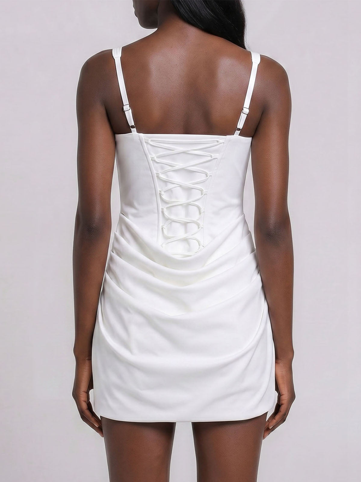 Sexy Square Neck Lace Up Bodycon Draped Corset Mini Dress - White