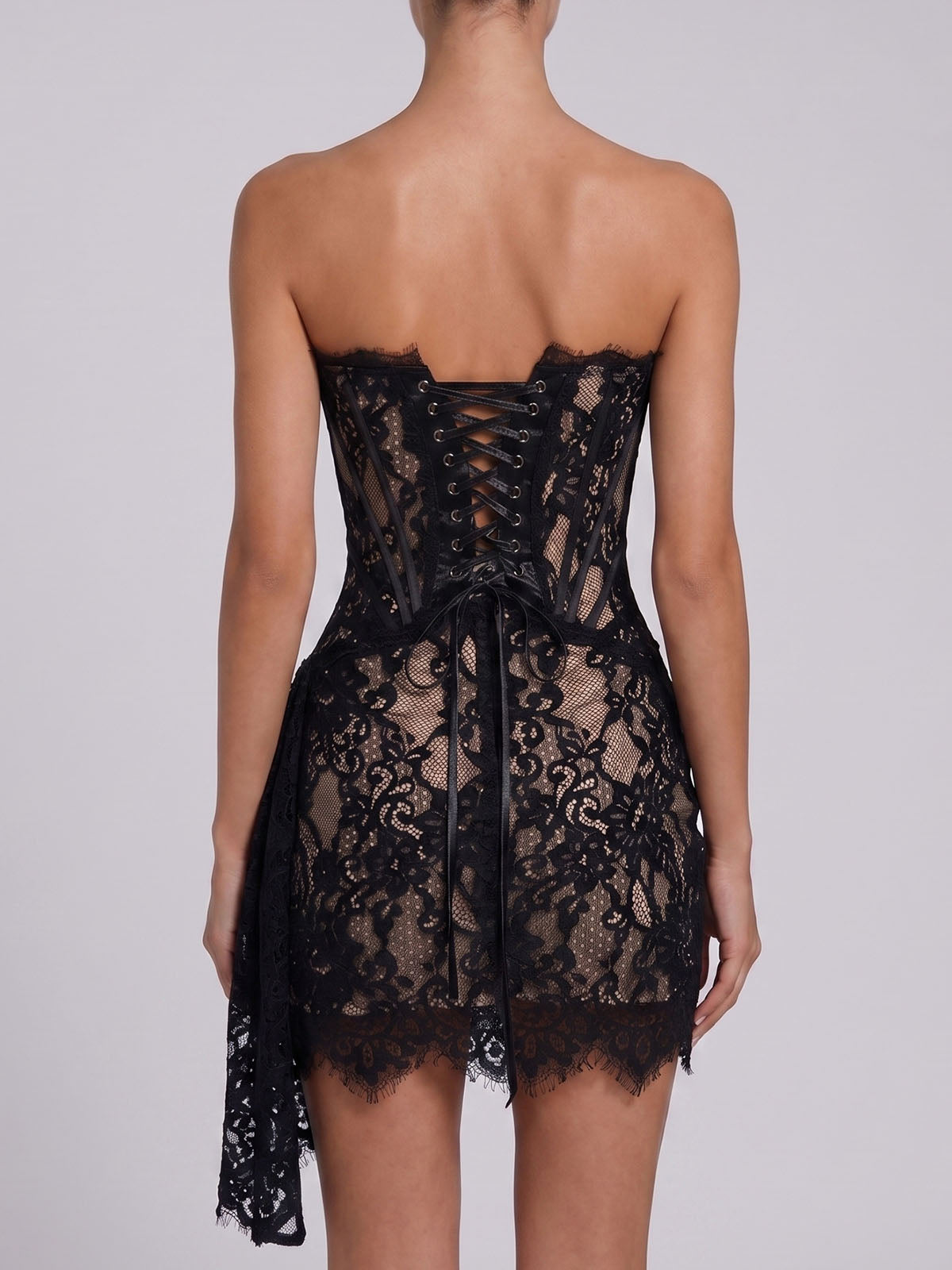 Sexy Strapless Draped Bodycon Lace Corset Party Mini Dress - Black