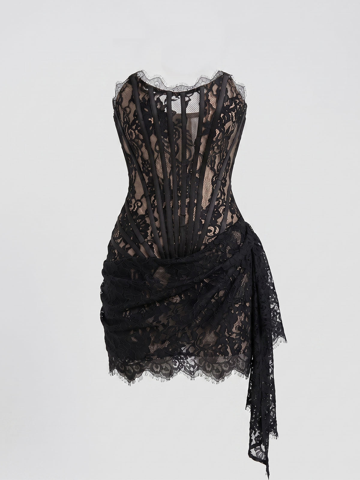 Sexy Strapless Draped Bodycon Lace Corset Party Mini Dress - Black