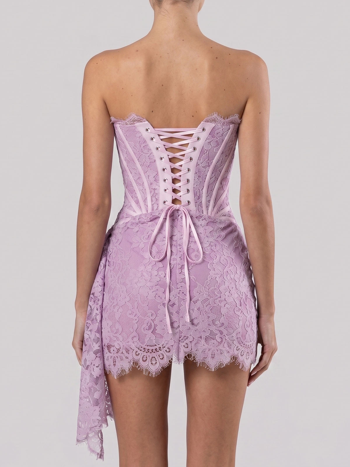 Sexy Strapless Draped Bodycon Lace Corset Party Mini Dress - Lavender