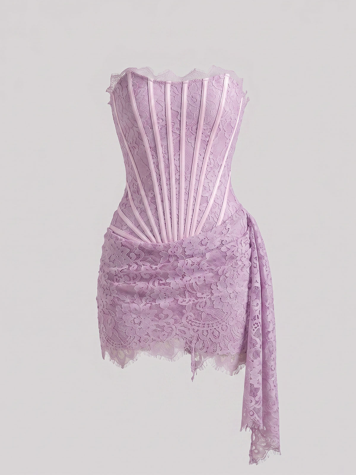 Sexy Strapless Draped Bodycon Lace Corset Party Mini Dress - Lavender
