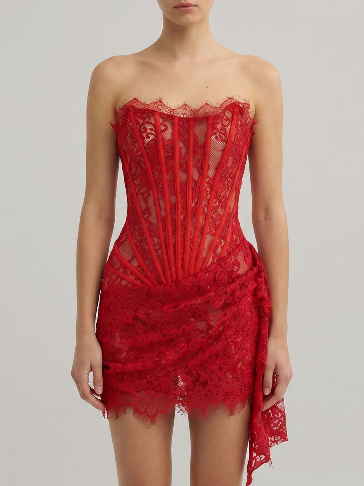 Sexy Strapless Draped Bodycon Lace Corset Party Mini Dress - Red