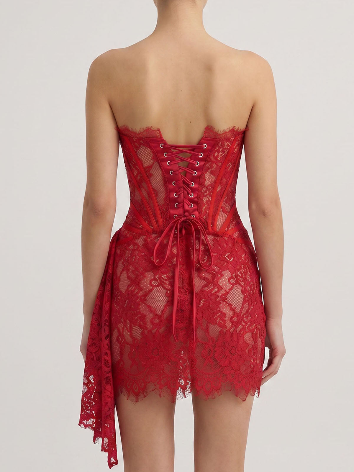 Sexy Strapless Draped Bodycon Lace Corset Party Mini Dress - Red