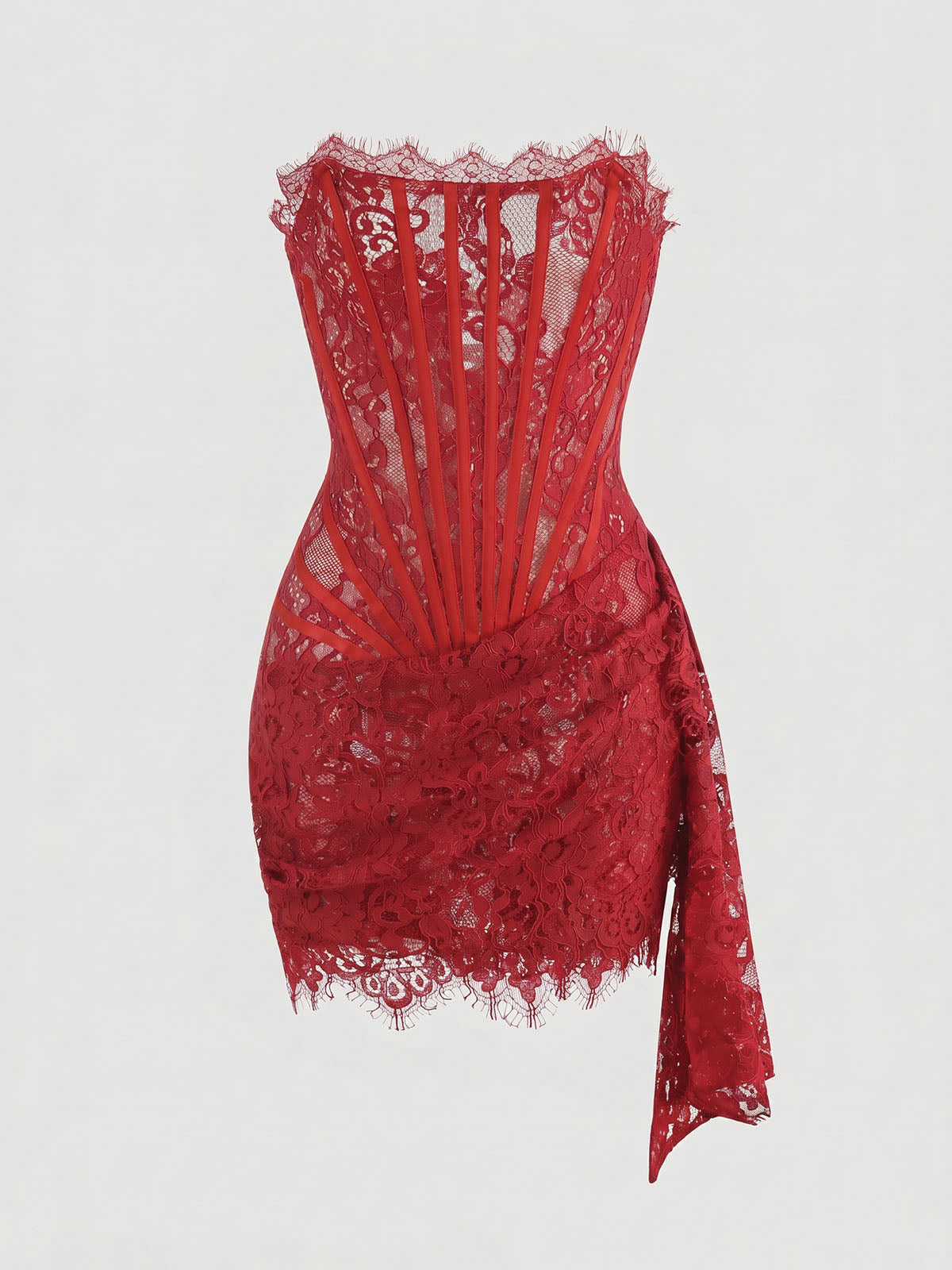 Sexy Strapless Draped Bodycon Lace Corset Party Mini Dress - Red
