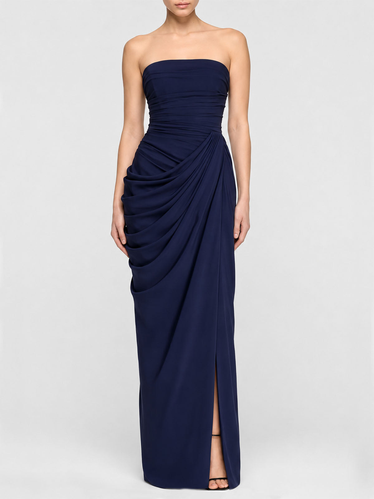 Sexy Strapless High Split Lace Up Ruched Corset Maxi Dress - Navy