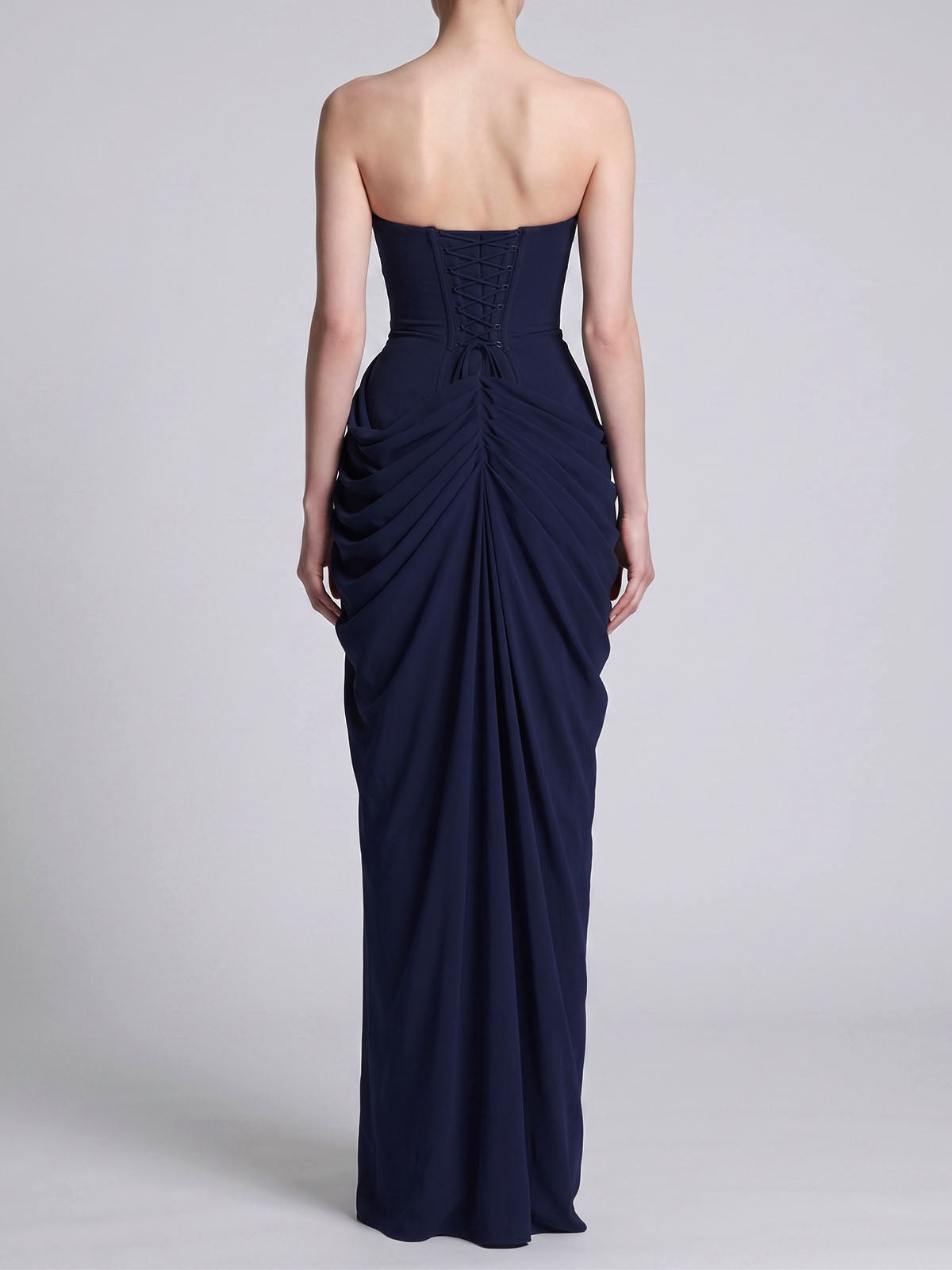 Sexy Strapless High Split Lace Up Ruched Corset Maxi Dress - Navy