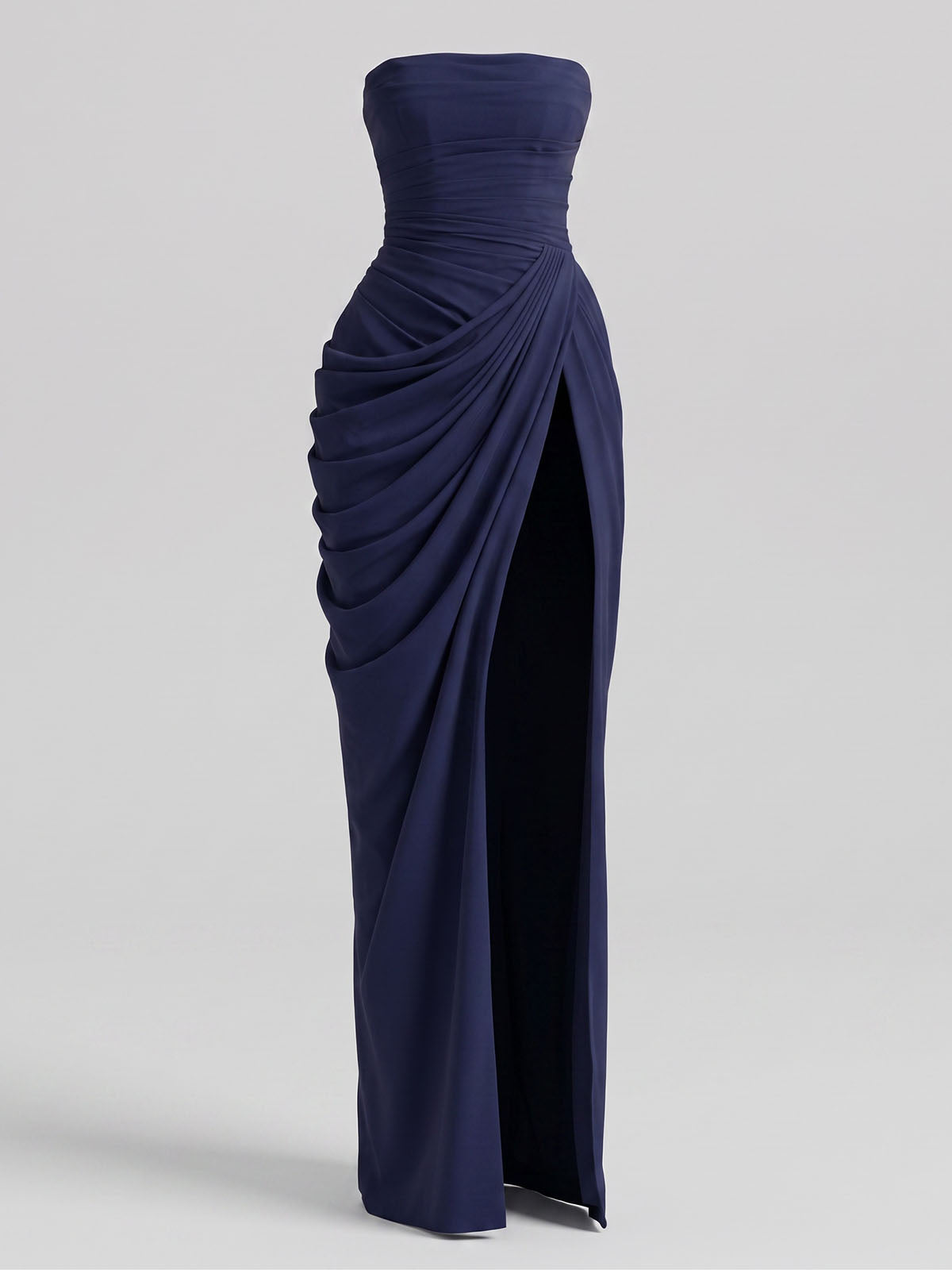 Sexy Strapless High Split Lace Up Ruched Corset Maxi Dress - Navy