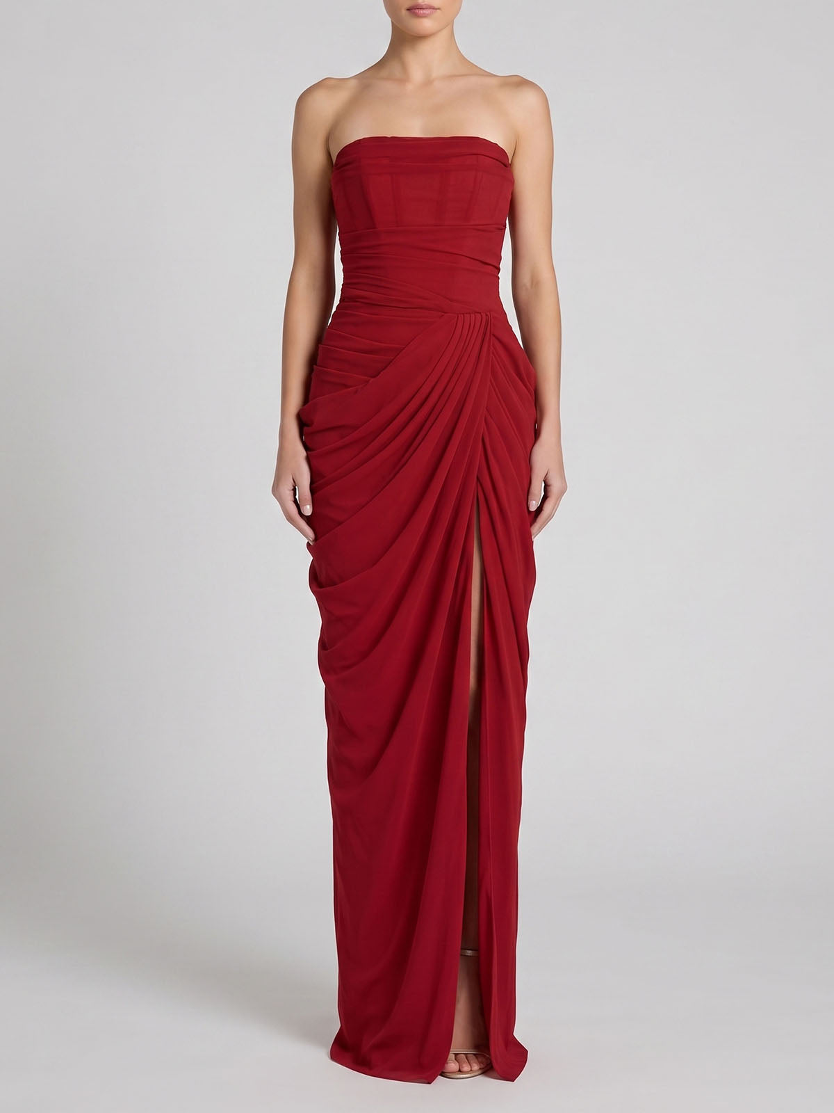 Sexy Strapless High Split Lace Up Ruched Corset Maxi Dress - Red