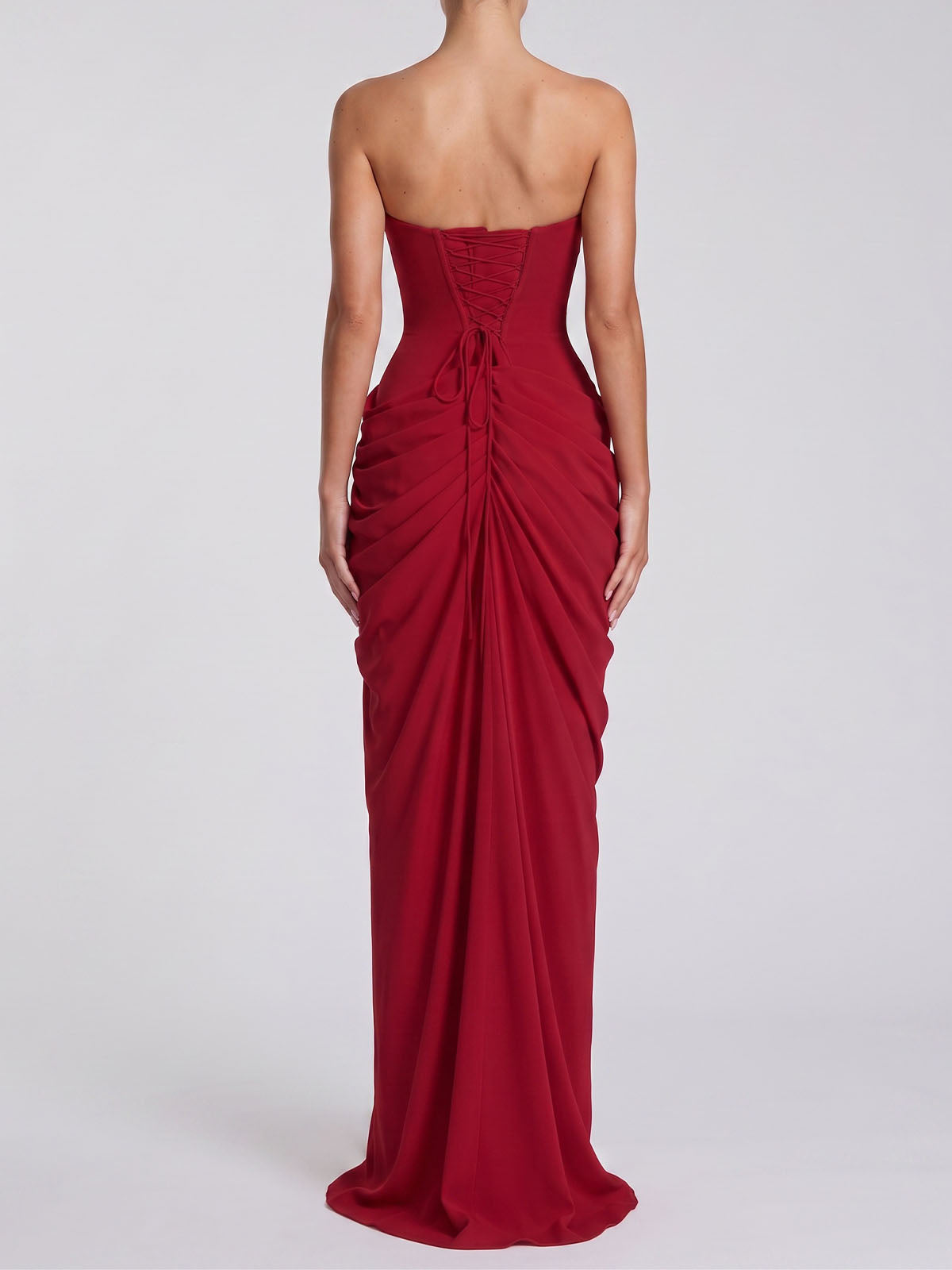Sexy Strapless High Split Lace Up Ruched Corset Maxi Dress - Red