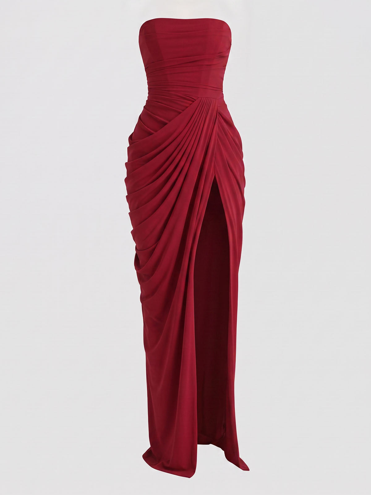 Sexy Strapless High Split Lace Up Ruched Corset Maxi Dress - Red