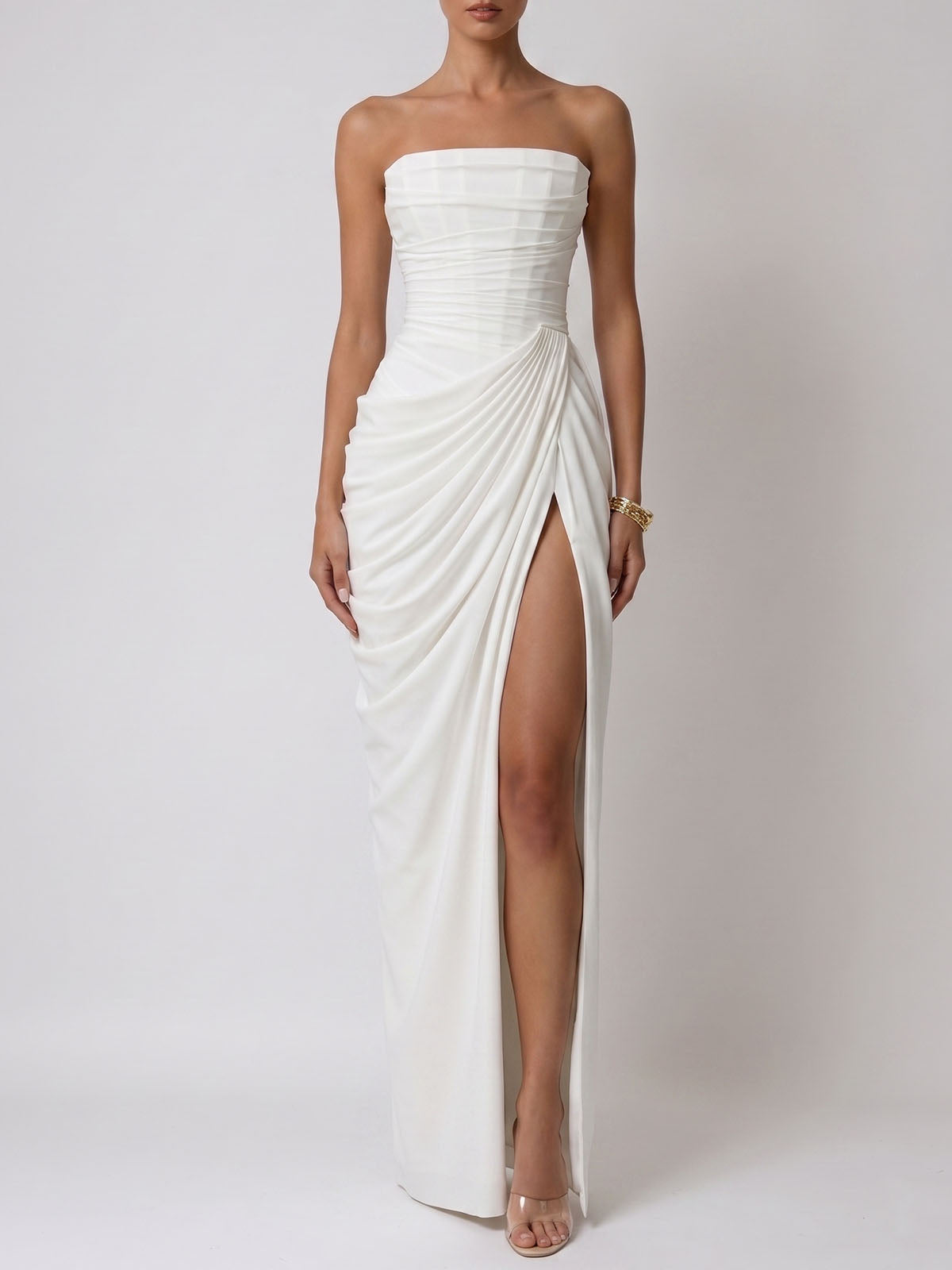 Sexy Strapless High Split Lace Up Ruched Corset Maxi Dress - White