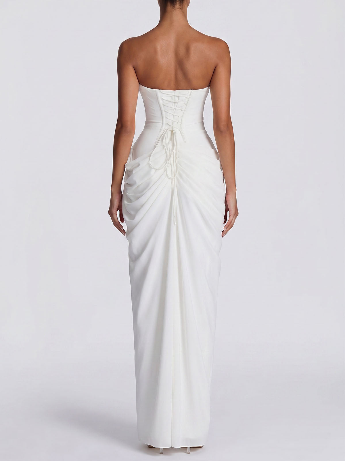 Sexy Strapless High Split Lace Up Ruched Corset Maxi Dress - White