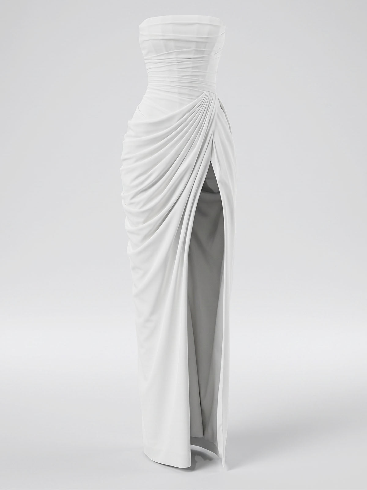 Sexy Strapless High Split Lace Up Ruched Corset Maxi Dress - White