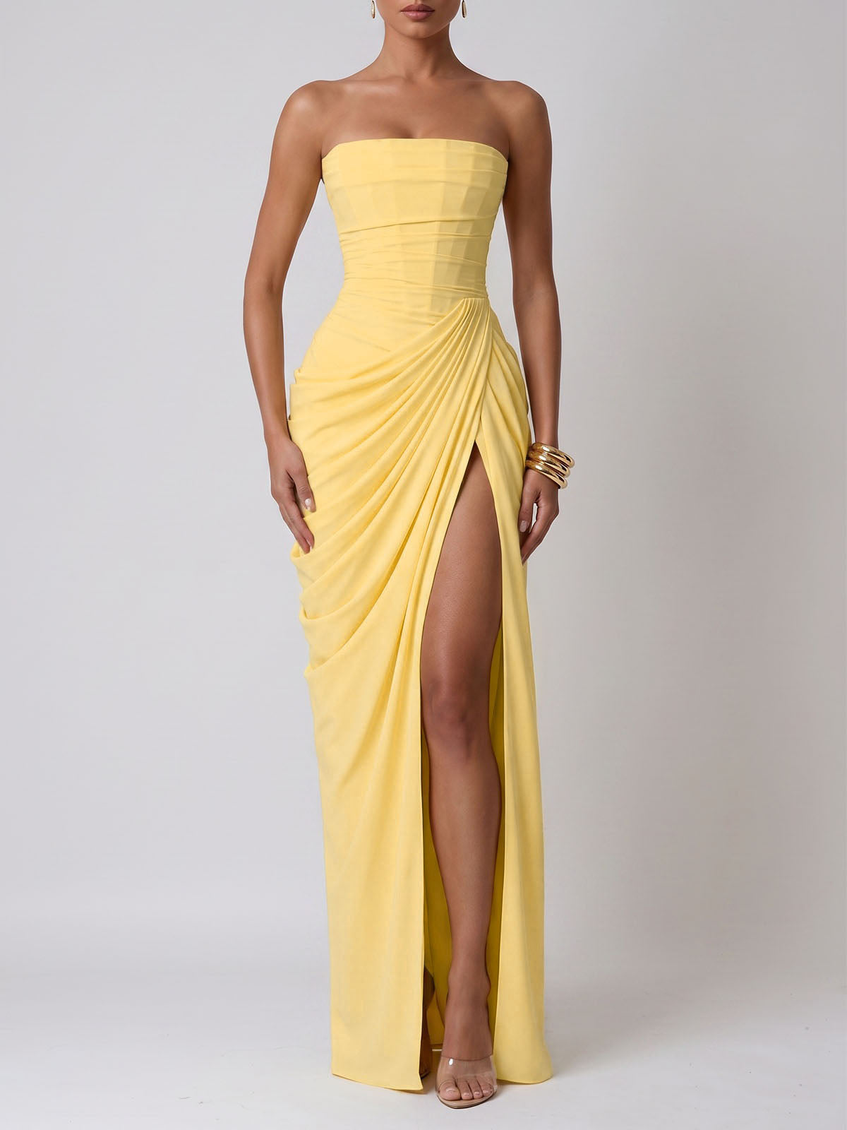 Sexy Strapless High Split Lace Up Ruched Corset Maxi Dress - Yellow