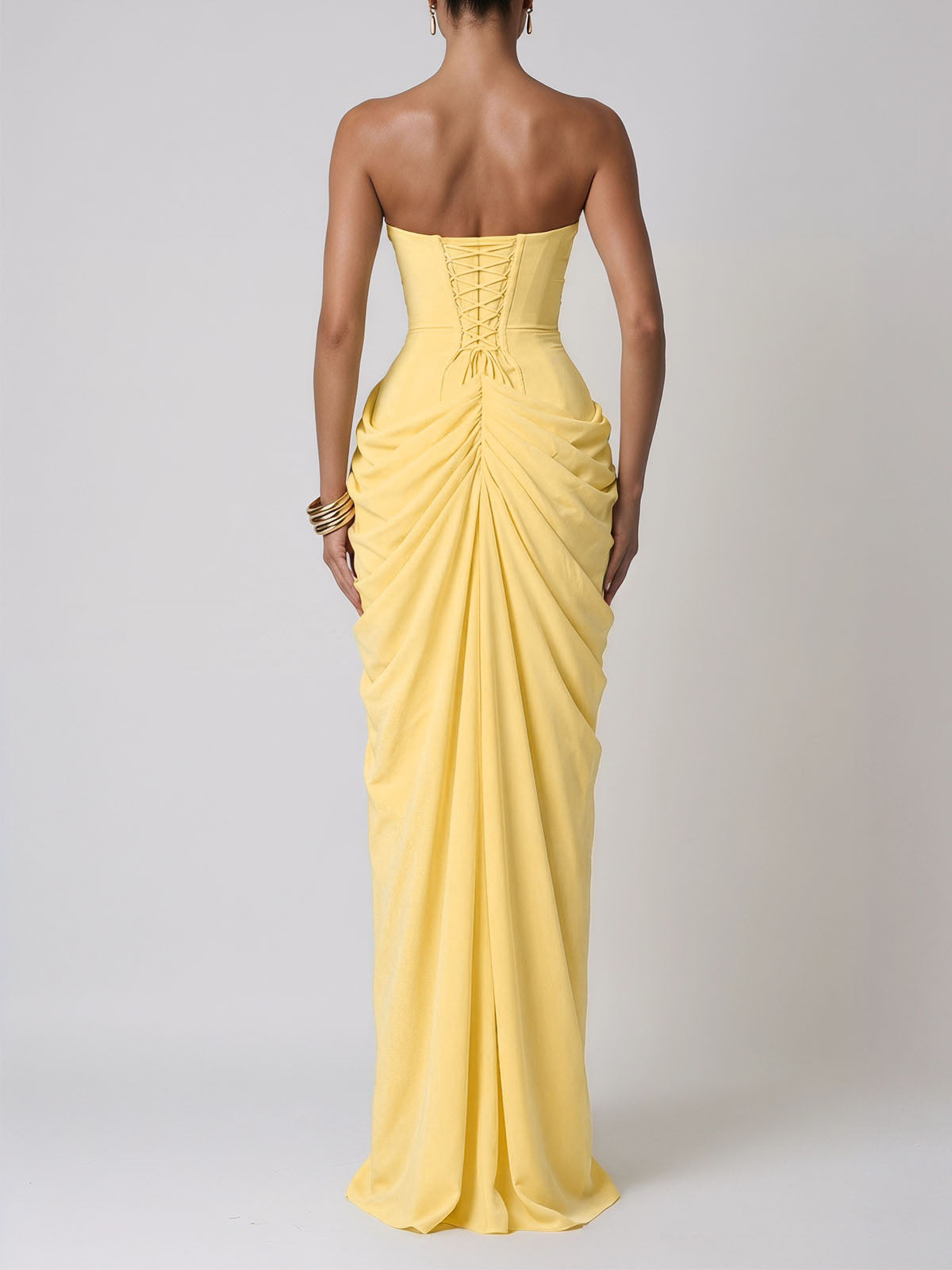 Sexy Strapless High Split Lace Up Ruched Corset Maxi Dress - Yellow