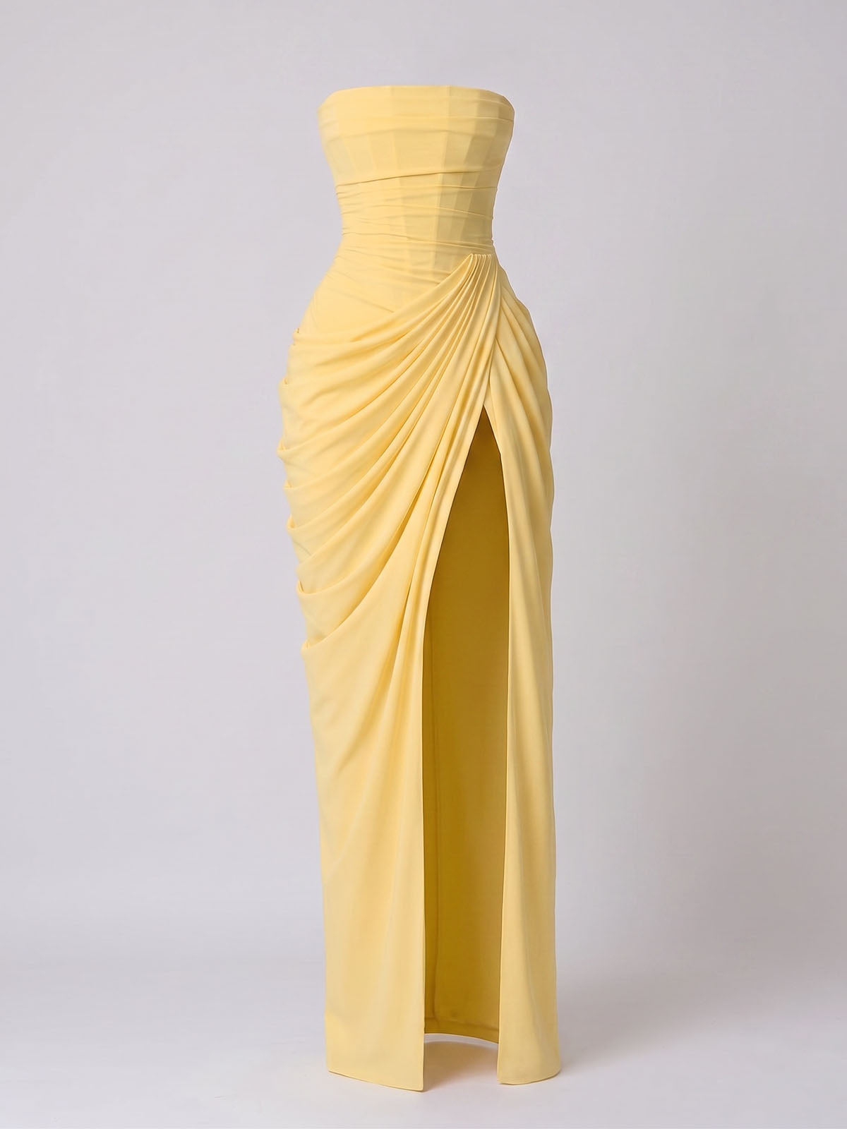 Sexy Strapless High Split Lace Up Ruched Corset Maxi Dress - Yellow