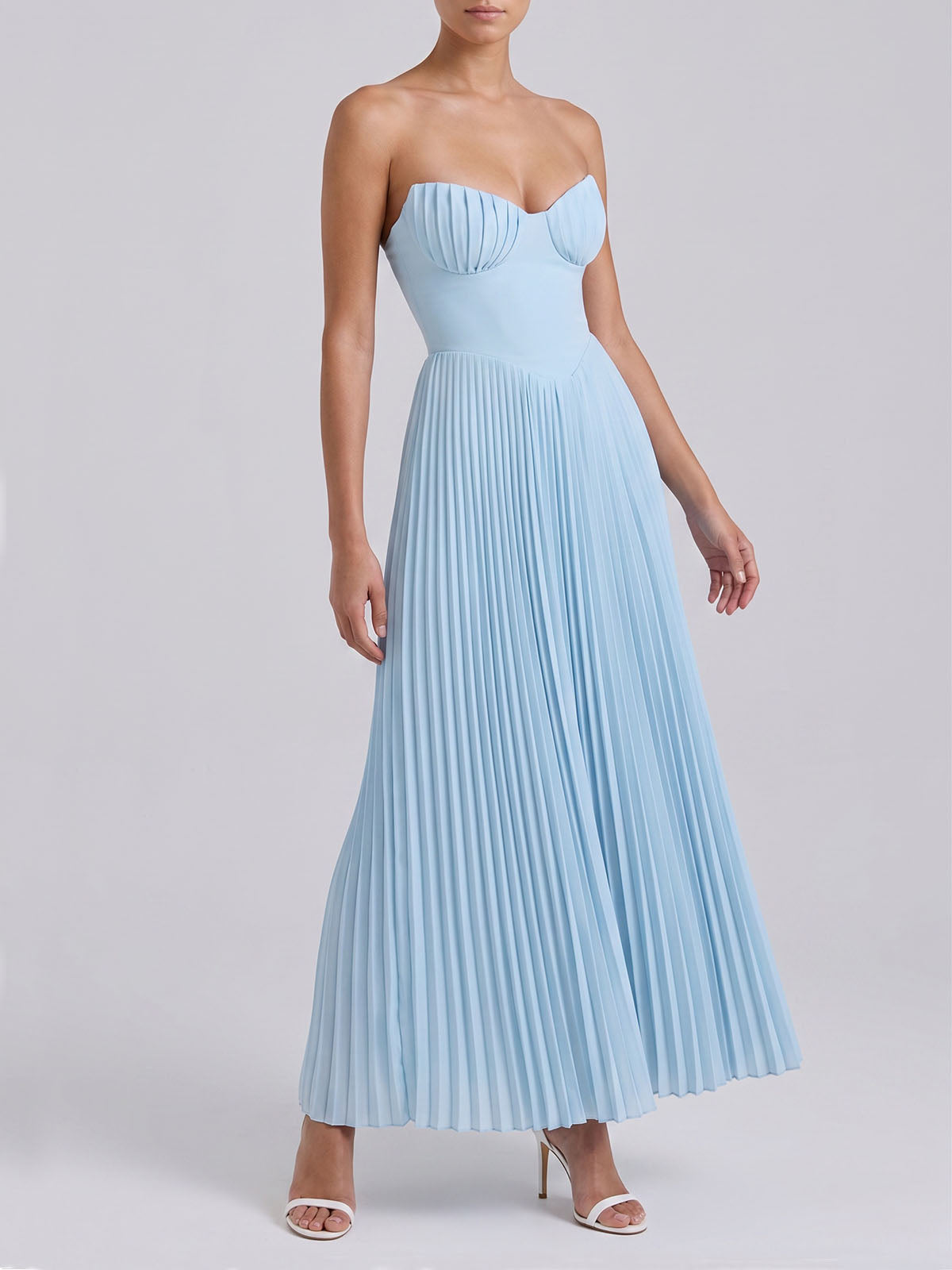 Sexy Strapless Sweetheart Drop Waist Pleated Maxi Dress - Light Blue