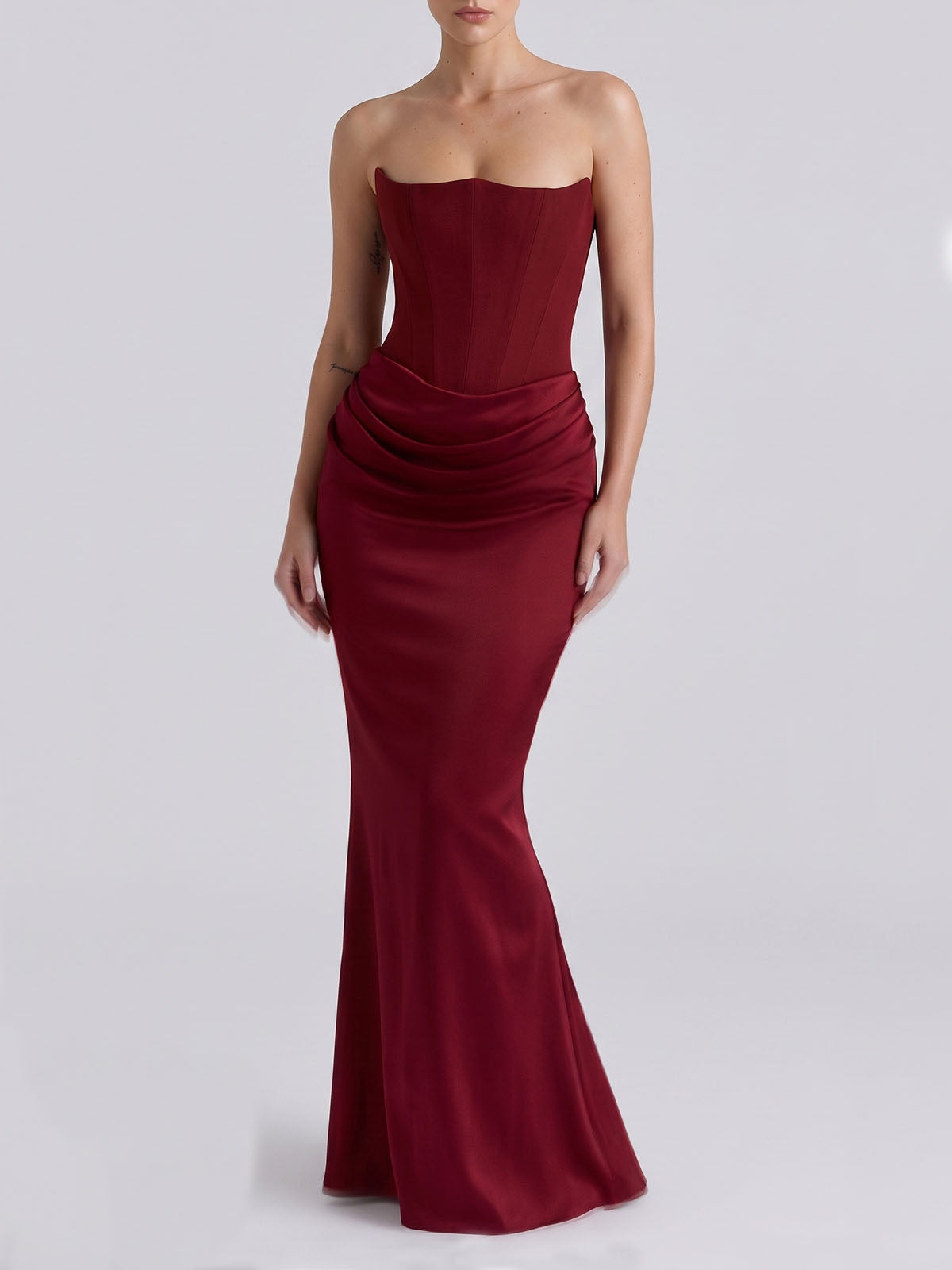 Sexy Sweetheart Strapless Corset Draped Mermaid Maxi Dress - Burgundy